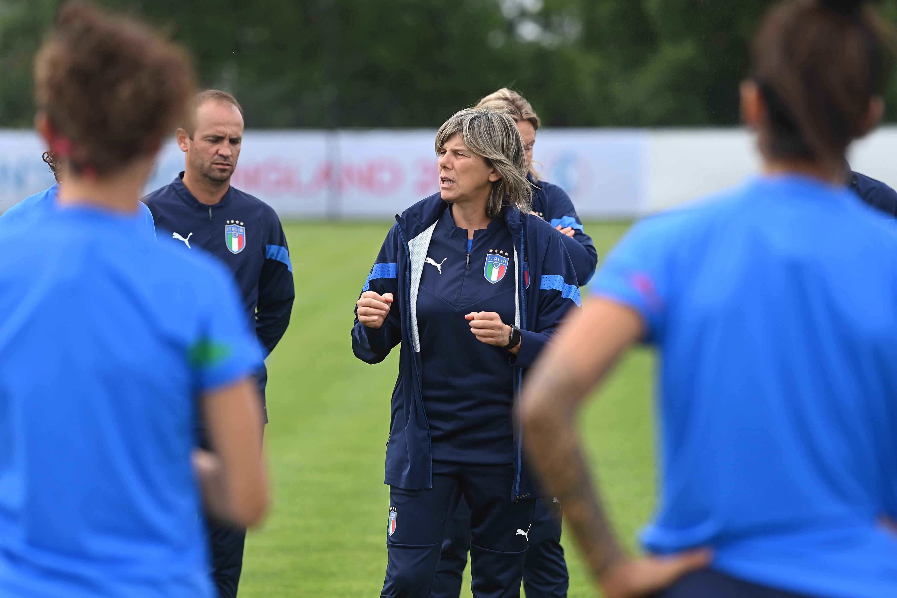 MANCHESTER, ENGLAND - JULY 17: Head coach Milena Bertolini of Italy Women Team leads the UEFA Women's Euro England 2022 Italy Training Session at Manchester City Academy Stadium on July 17, 2022 in Manchester, England. (Photo by Tullio M. Puglia/Getty Images)