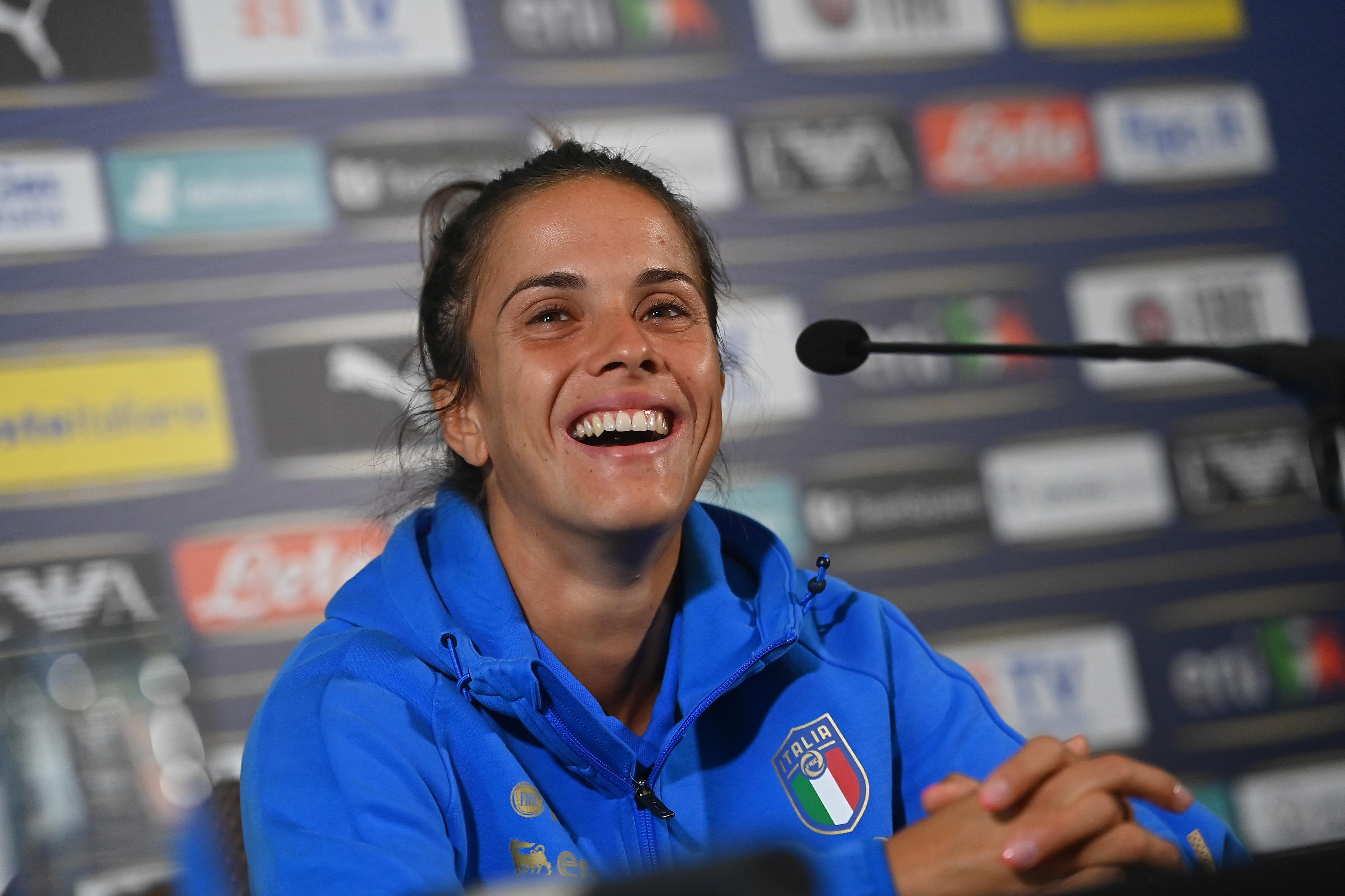 ACCRINGTON, ENGLAND - JULY 12: Flaminia Simonetti attends a press conference at Italy Women Team Base Camp on July 12, 2022 in Accrington, England. (Photo by Tullio M. Puglia/Getty Images)