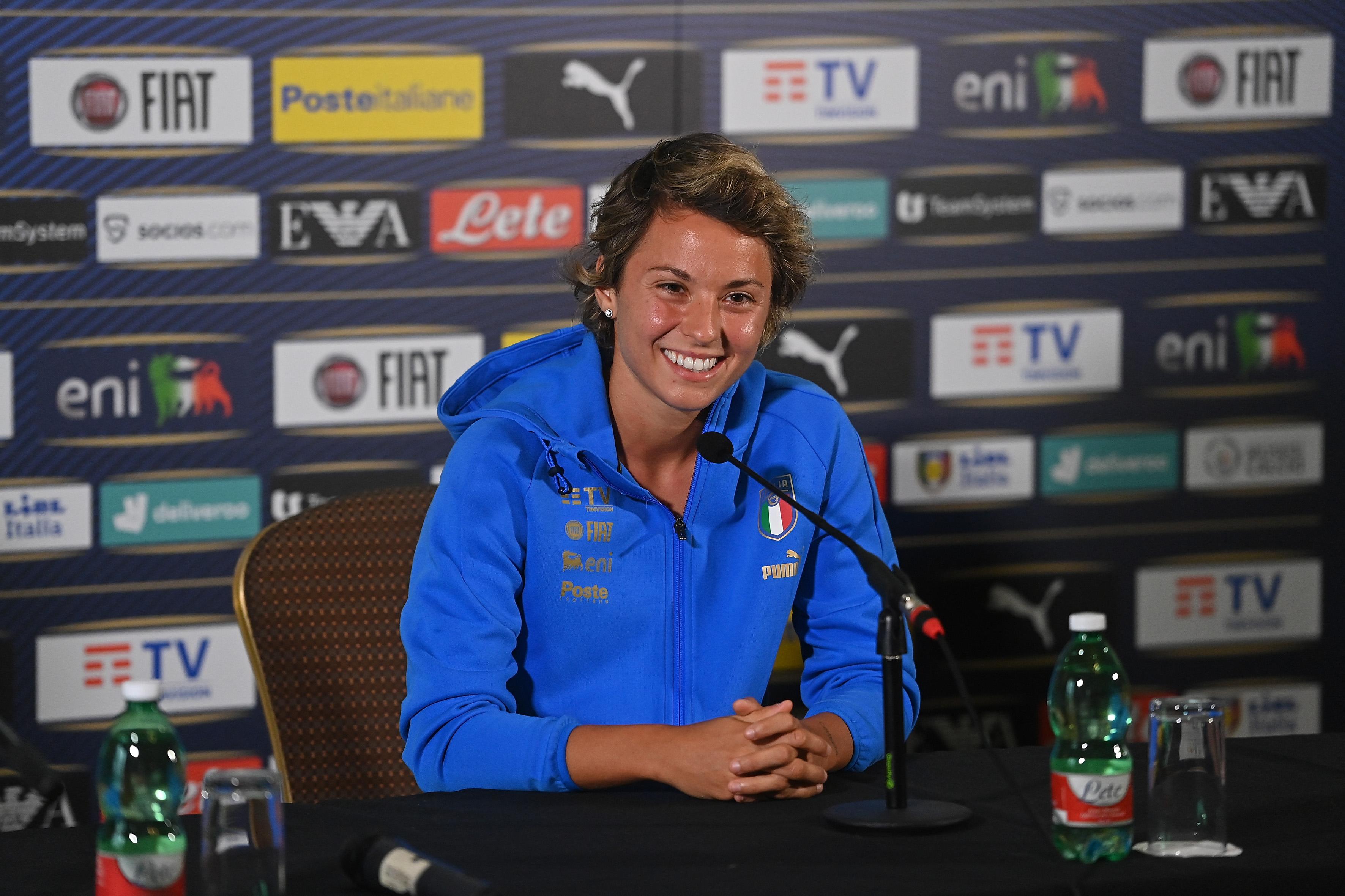 ACCRINGTON, ENGLAND - JULY 12: Valentina Giacinti attends a press conference at Italy Women Team Base Camp on July 12, 2022 in Accrington, England. (Photo by Tullio M. Puglia/Getty Images)