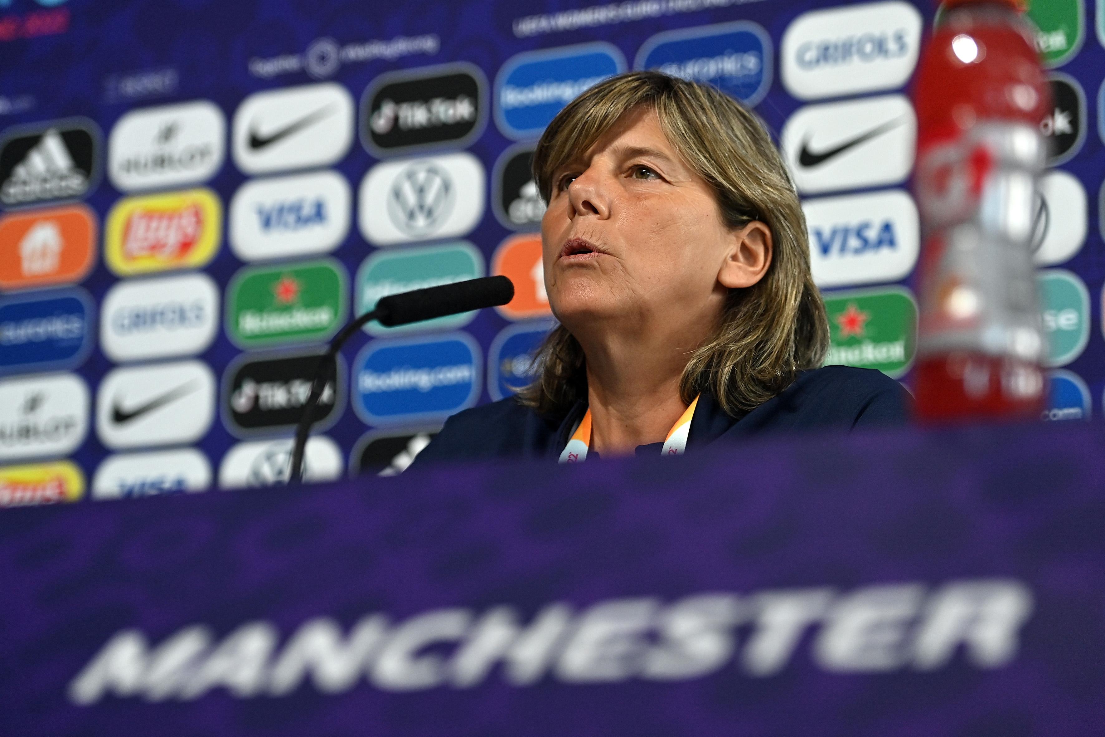 MANCHESTER, ENGLAND - JULY 13: Milena Bertolini, Head Coach of Italy speaks to the media during the UEFA Women's Euro England 2022 Italy Press Conference And Training Session at Manchester City Academy Stadium on July 13, 2022 in Manchester, England. (Photo by Tullio M. Puglia/UEFA via Getty Images)