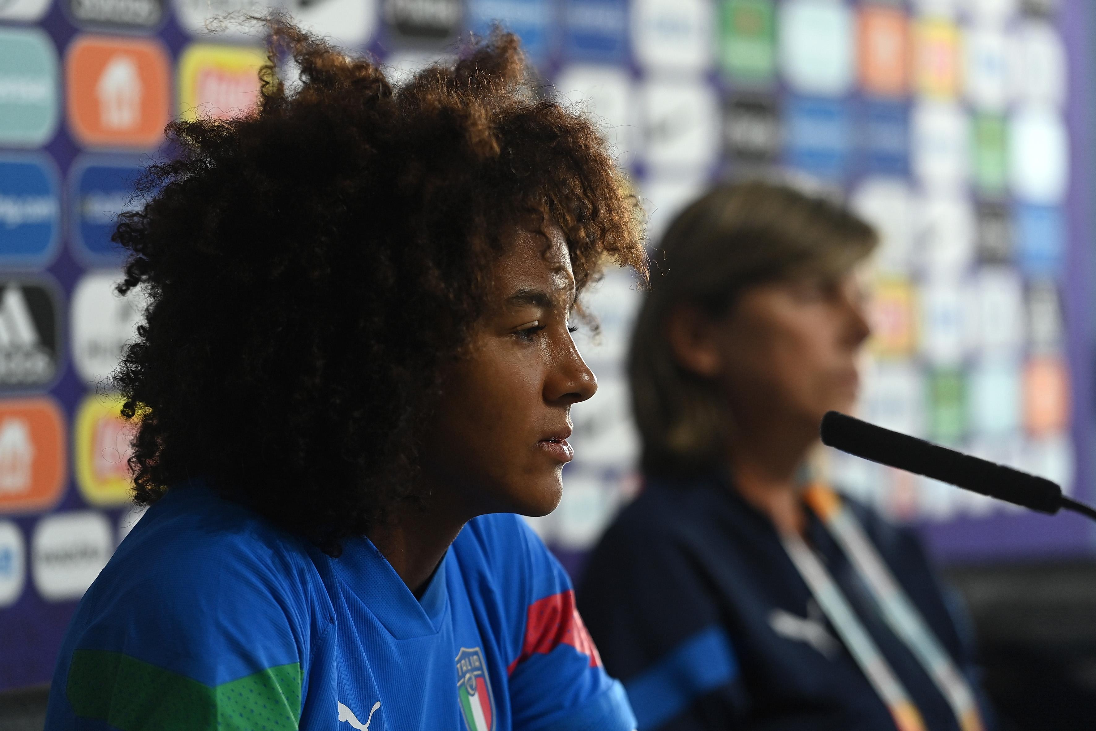 MANCHESTER, ENGLAND - JULY 13: Sara Gama and Milena Bertolini, Head Coach of Italy, speak to the media during the UEFA Women's Euro England 2022 Italy Press Conference And Training Session at Manchester City Academy Stadium on July 13, 2022 in Manchester, England. (Photo by Tullio M. Puglia/UEFA via Getty Images)