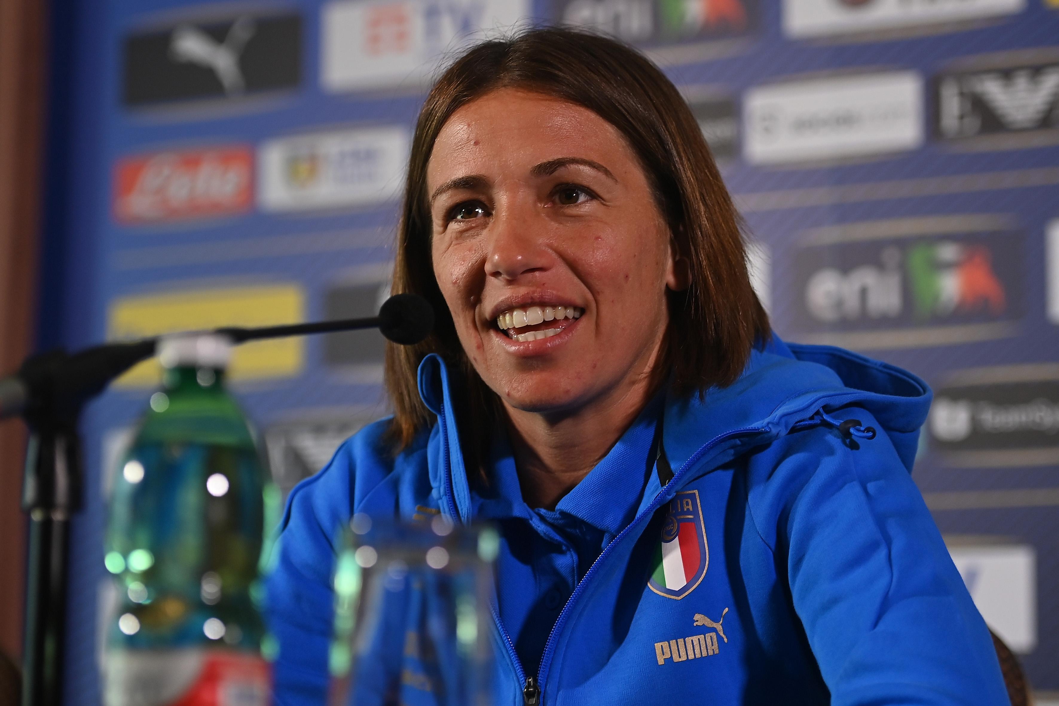 ACCRINGTON, ENGLAND - JULY 16: Daniela Sabatino attends a press conference at Italy Women Team Base Camp on July 16, 2022 in Accrington, England. (Photo by Tullio M. Puglia/Getty Images)