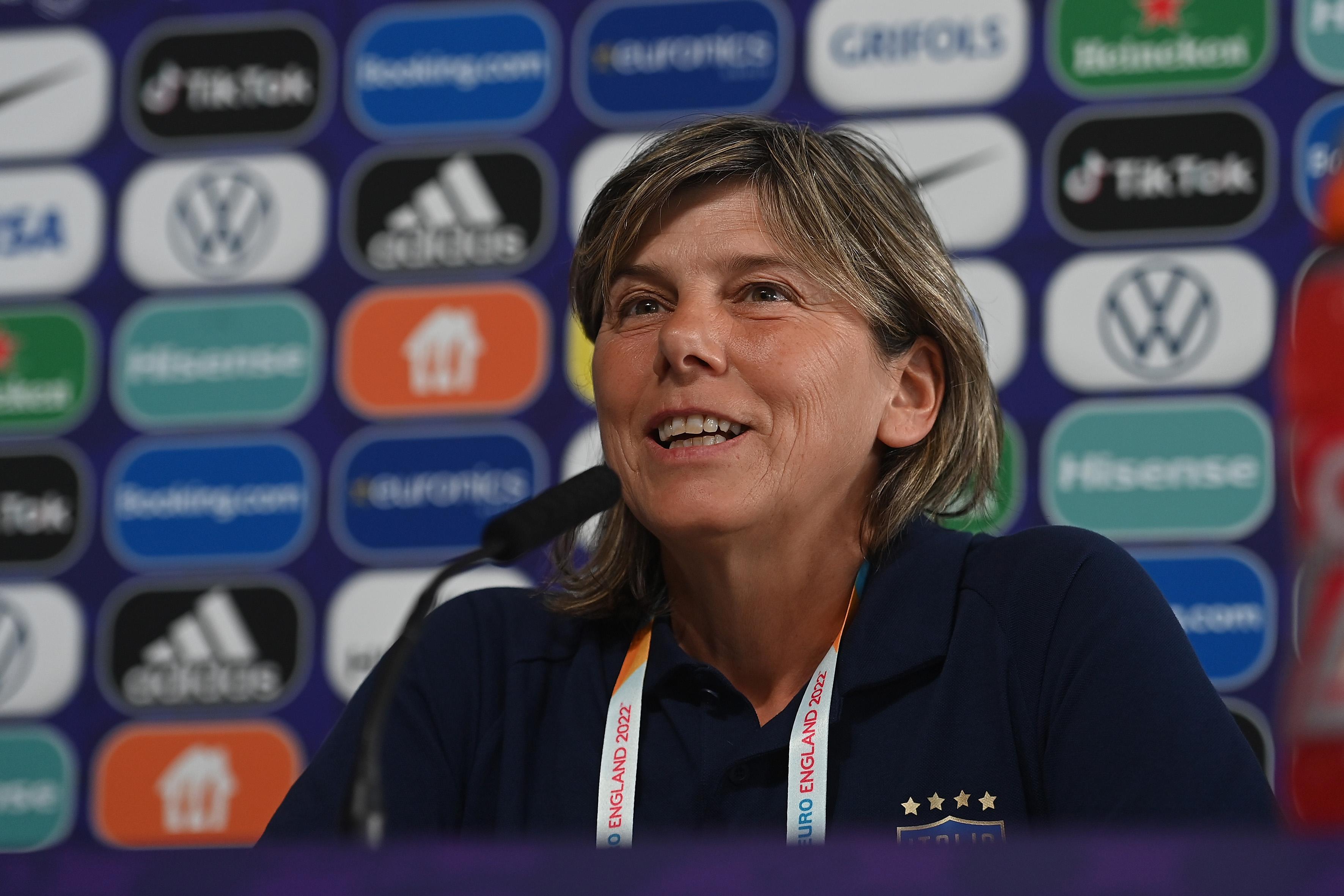 MANCHESTER, ENGLAND - JULY 17: Milena Bertolini, Head Coach of Italy, speaks to the media during the UEFA Women\\'s Euro England 2022 Italy Press Conference And Training Session at Manchester City Academy Stadium on July 17, 2022 in Manchester, England. (Photo by Tullio M. Puglia/Getty Images)