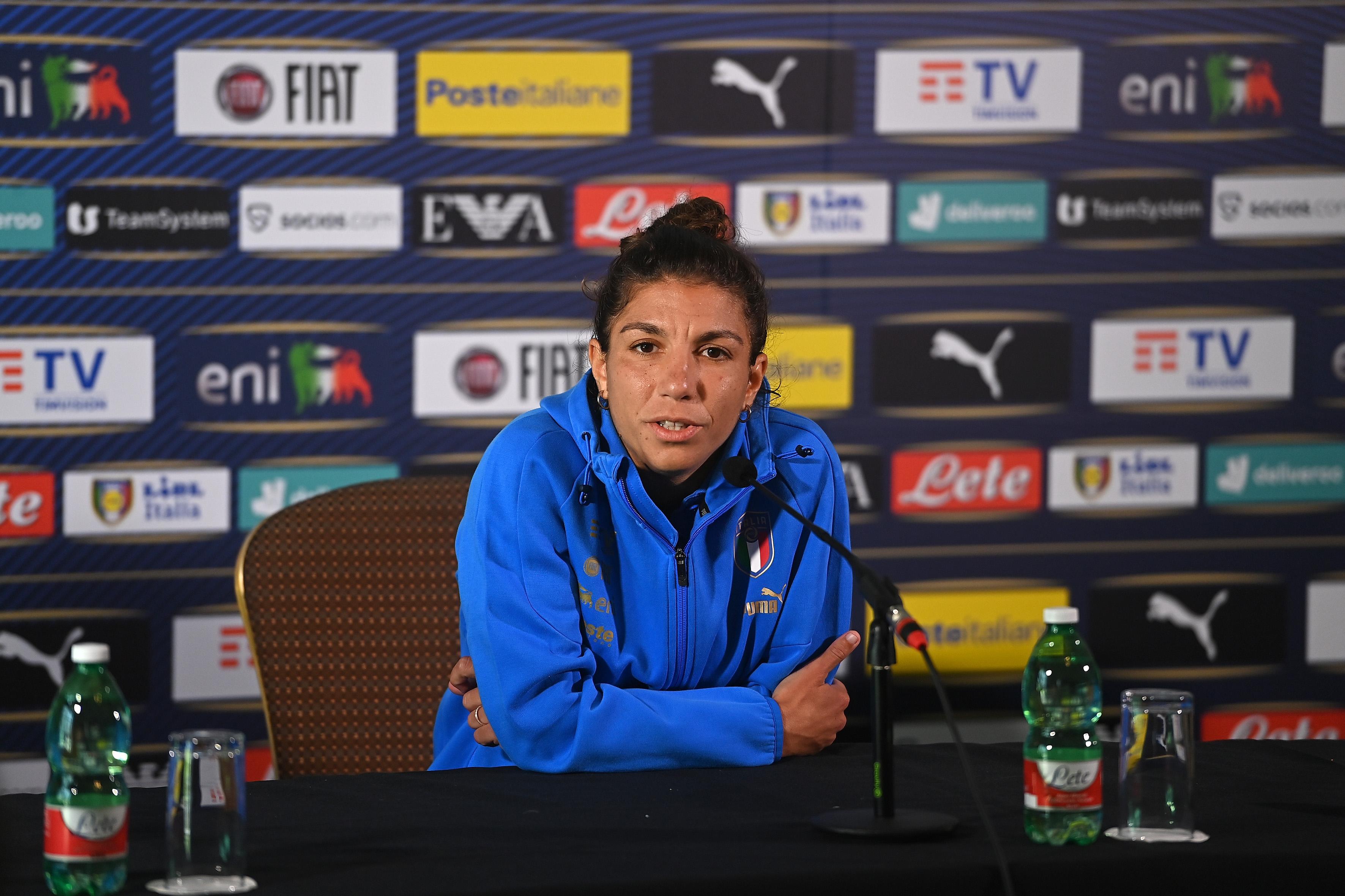 ACCRINGTON, ENGLAND - JULY 16: Elisa Bartoli attends a press conference at Italy Women Team Base Camp on July 16, 2022 in Accrington, England. (Photo by Tullio M. Puglia/Getty Images)