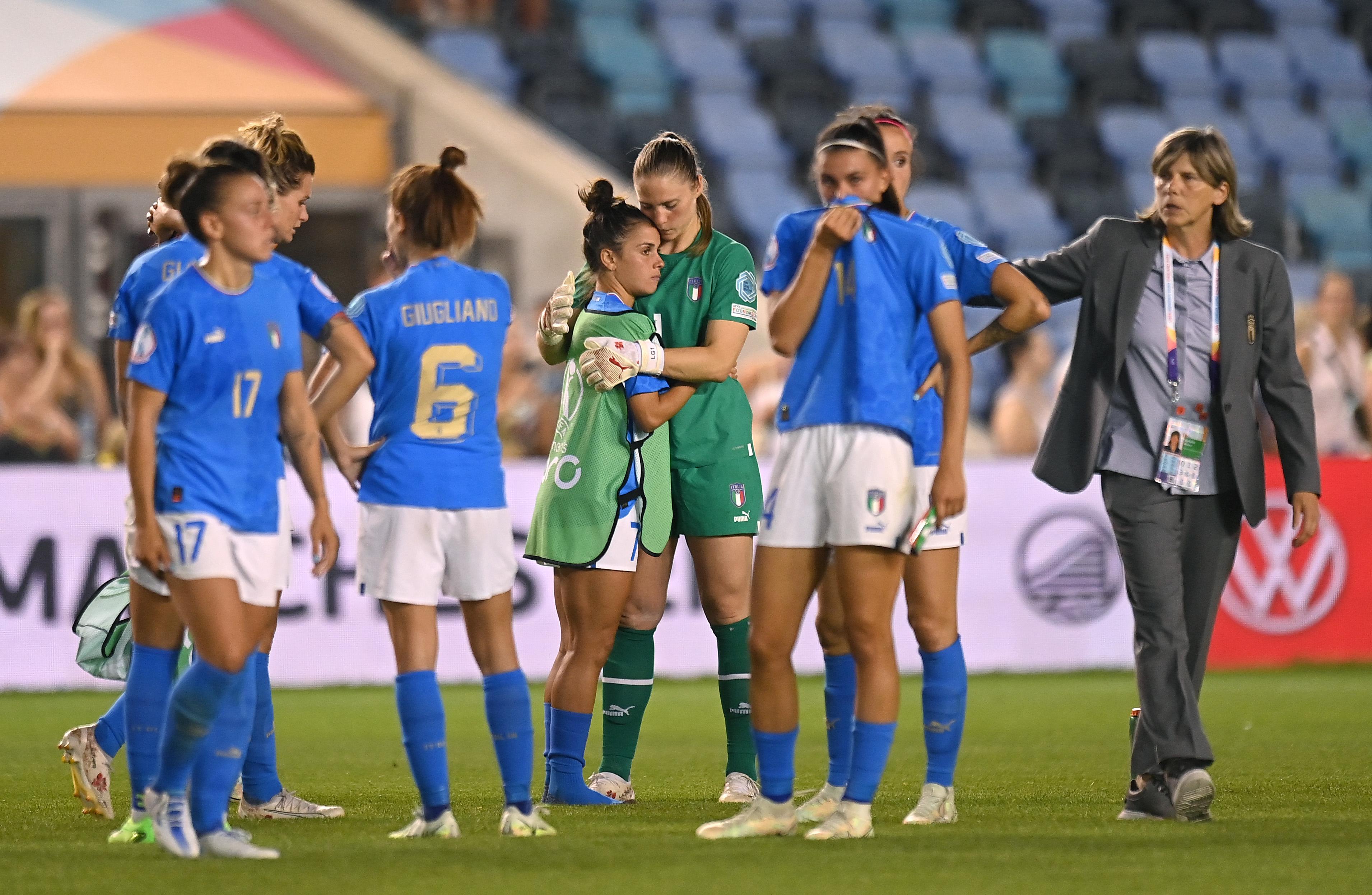 MANCHESTER, ENGLAND - JULY 18: Laura Giuliani of Italy consoles teammates after their sides defeat during the UEFA Women's Euro 2022 group D match between Italy and Belgium at Manchester City Academy Stadium on July 18, 2022 in Manchester, England. (Photo by Tullio M. Puglia/Getty Images)