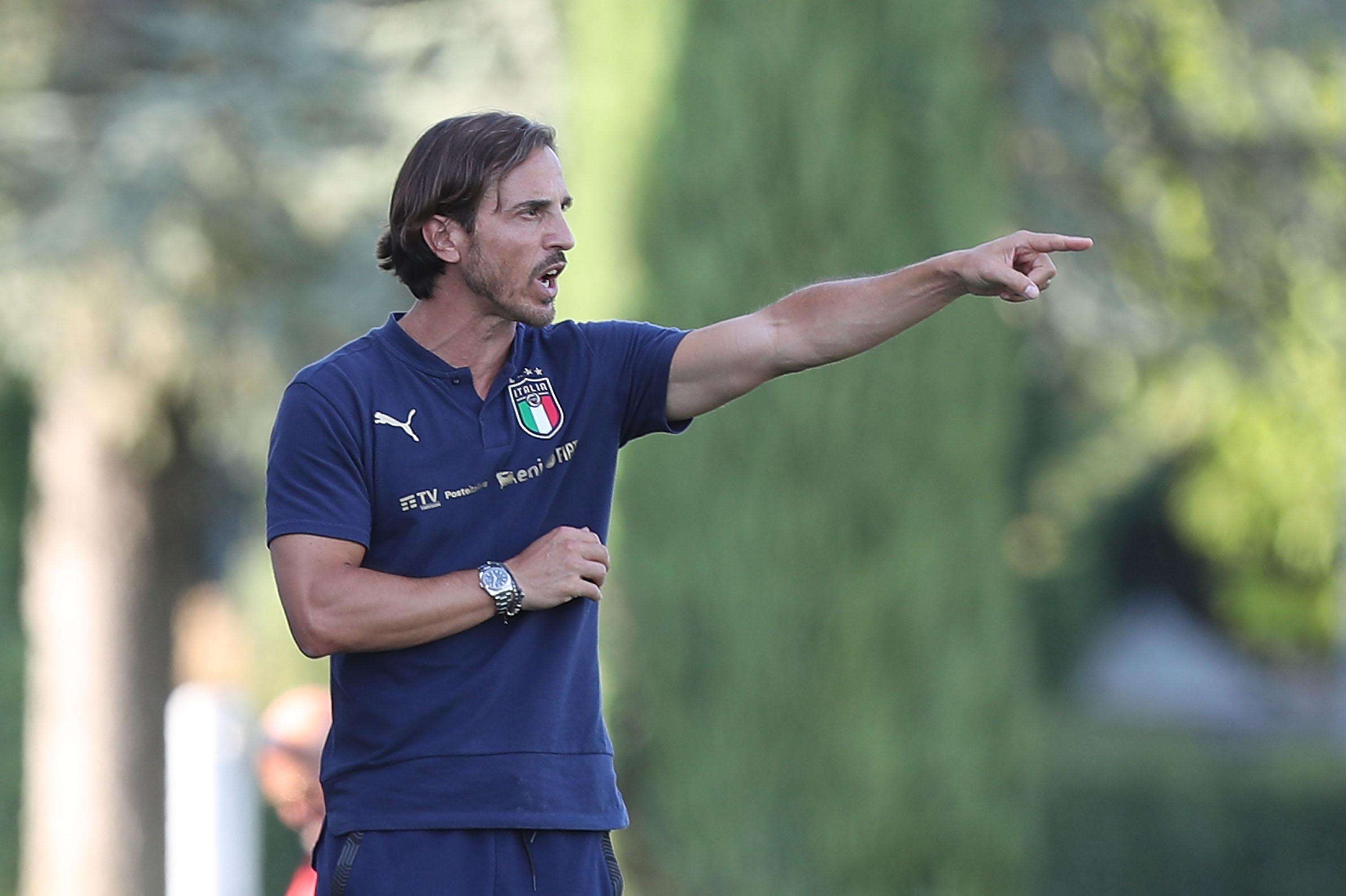 FLORENCE, ITALY - AUGUST 12: Davide Franceschini, manager of Italy U18 during the match between Italy U18 and Albania U18 at Centro Tecnico Federale di Coverciano on August 12, 2021 in Florence, Italy. (Photo by Gabriele Maltinti/Getty Images)