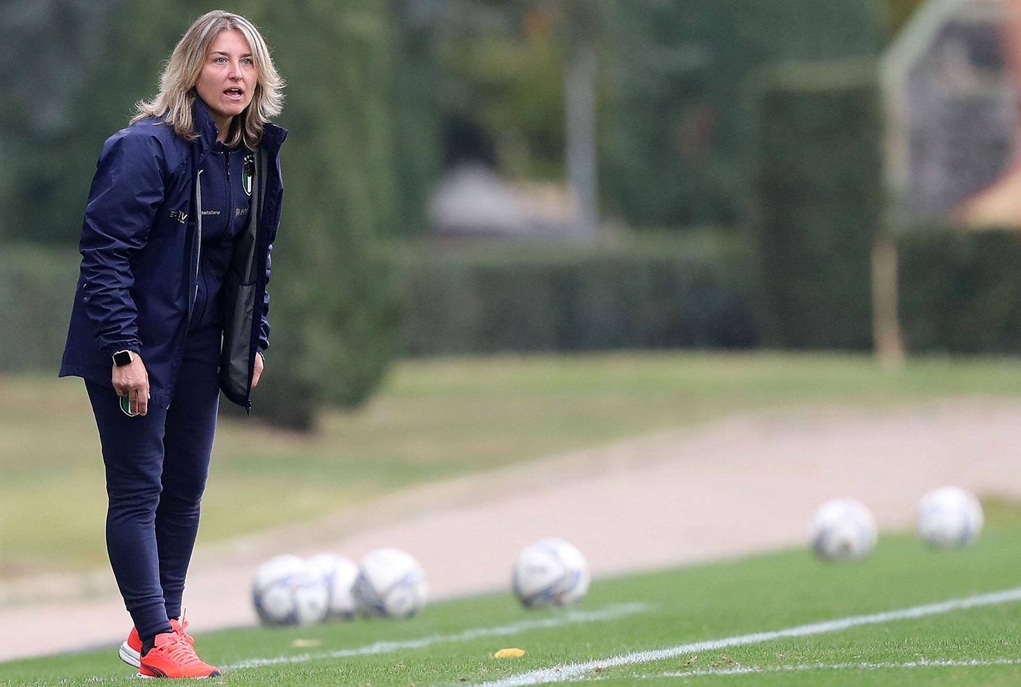 FLORENCE, ITALY - OCTOBER 20: Selena Mazzantini manager of Italy U23 Women gestures during the friendly match between Italy U23 Women and Spain U23 Women at Centro Tecnico Federale di Coverciano on October 20, 2021 in Florence, Italy. (Photo by Gabriele Maltinti/Getty Images)