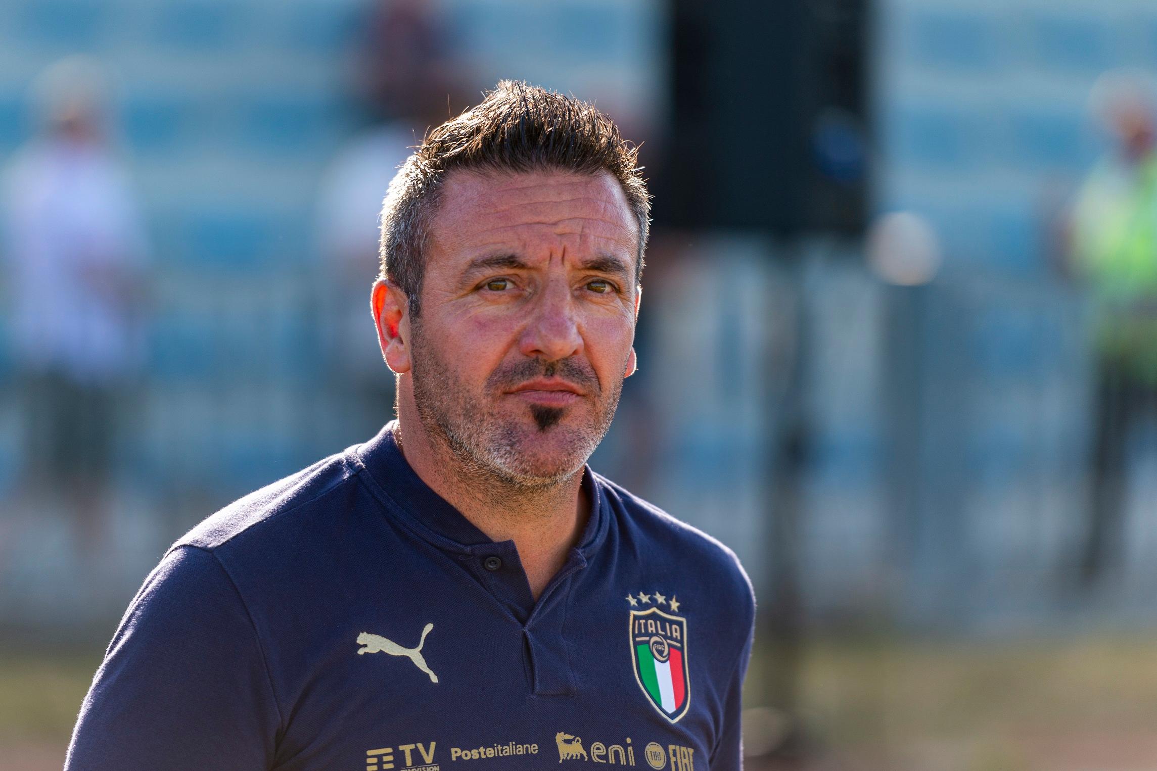GRADISCA D\\'ISONZO, ITALY - JUNE 26: Italys head coach Jacopo Leandri reacts during the Under 16 Female Football Tournament match between Italy Women U16 v Chile Women U16 on June 26, 2022 in Gradisca d\\'Isonzo, Italy. (Photo by Jurij Kodrun/Getty Images)