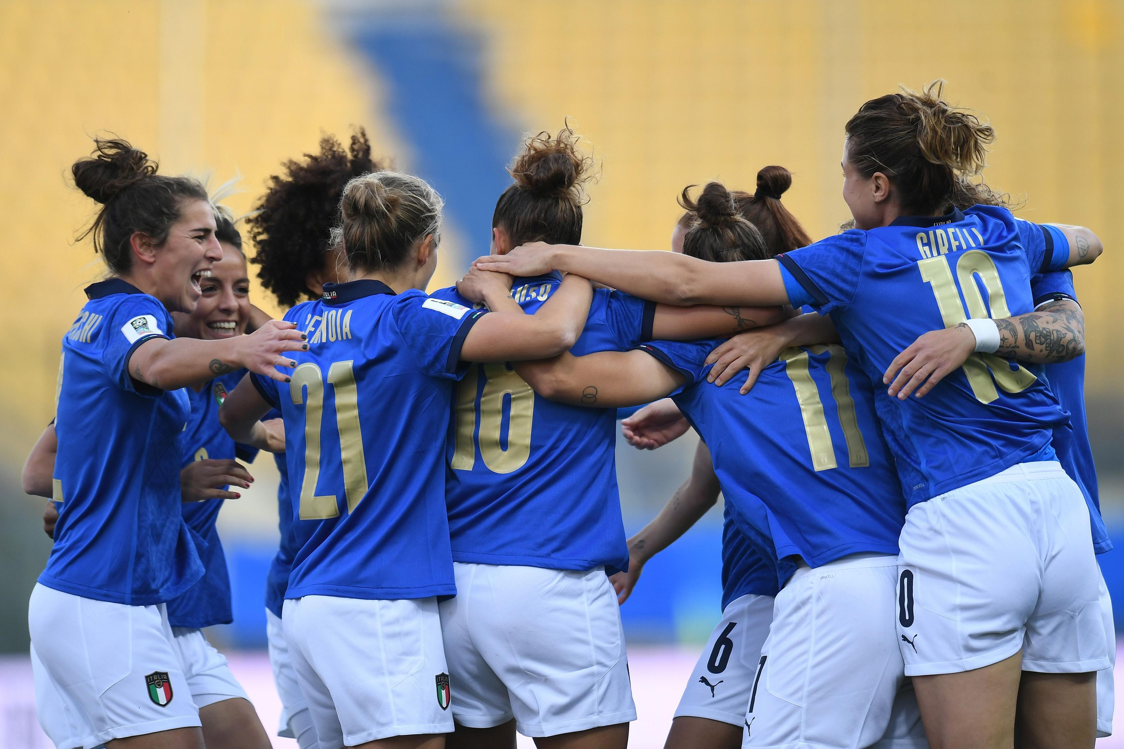 PARMA, ITALY - APRIL 08:  Arianna Caruso of Italy Women  celebrates after scoring the opening goal\\nduring the FIFA Women\\'s World Cup 2023 Qualifier group G match between Italy and Lithuania at Stadio Ennio Tardini on April 08, 2022 in Parma, Italy. (Photo by Alessandro Sabattini/Getty Images)