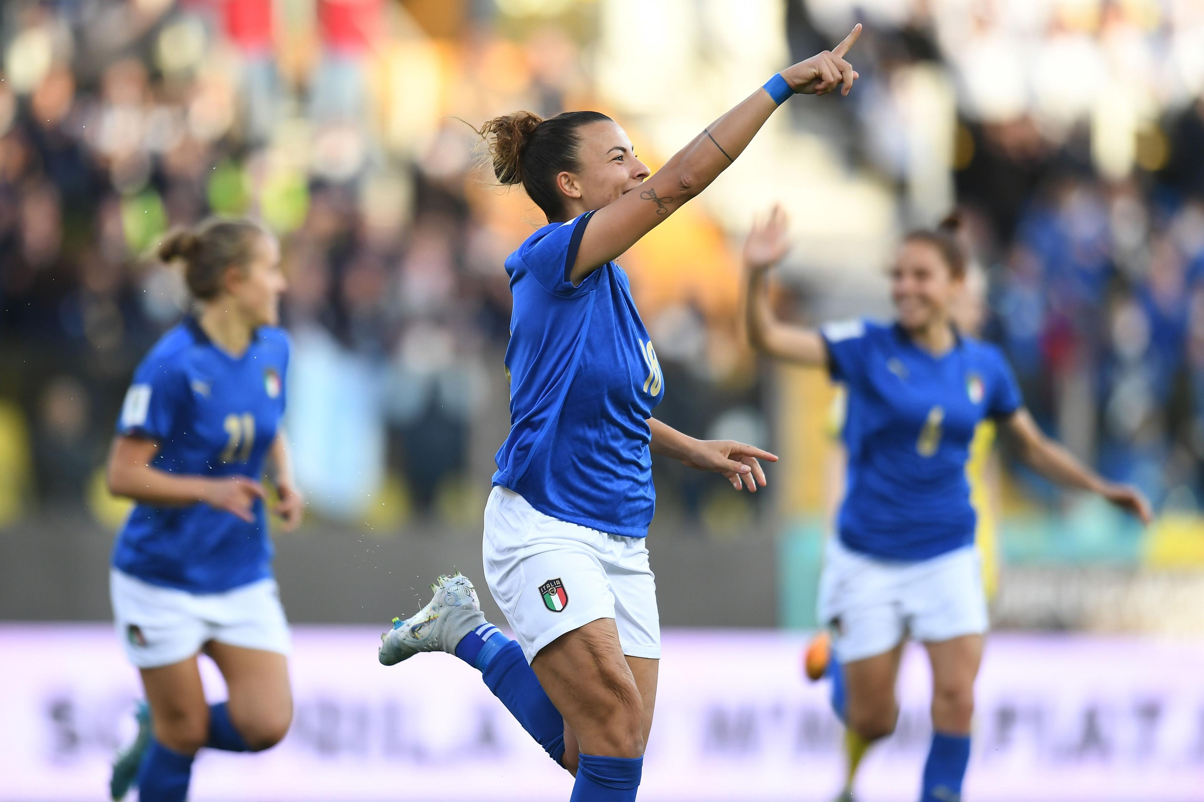 PARMA, ITALY - APRIL 08: Arianna Caruso of Italy Women celebrates after scoring the opening goal during the FIFA Women's World Cup 2023 Qualifier group G match between Italy and Lithuania at Stadio Ennio Tardini on April 08, 2022 in Parma, Italy. (Photo by Alessandro Sabattini/Getty Images)