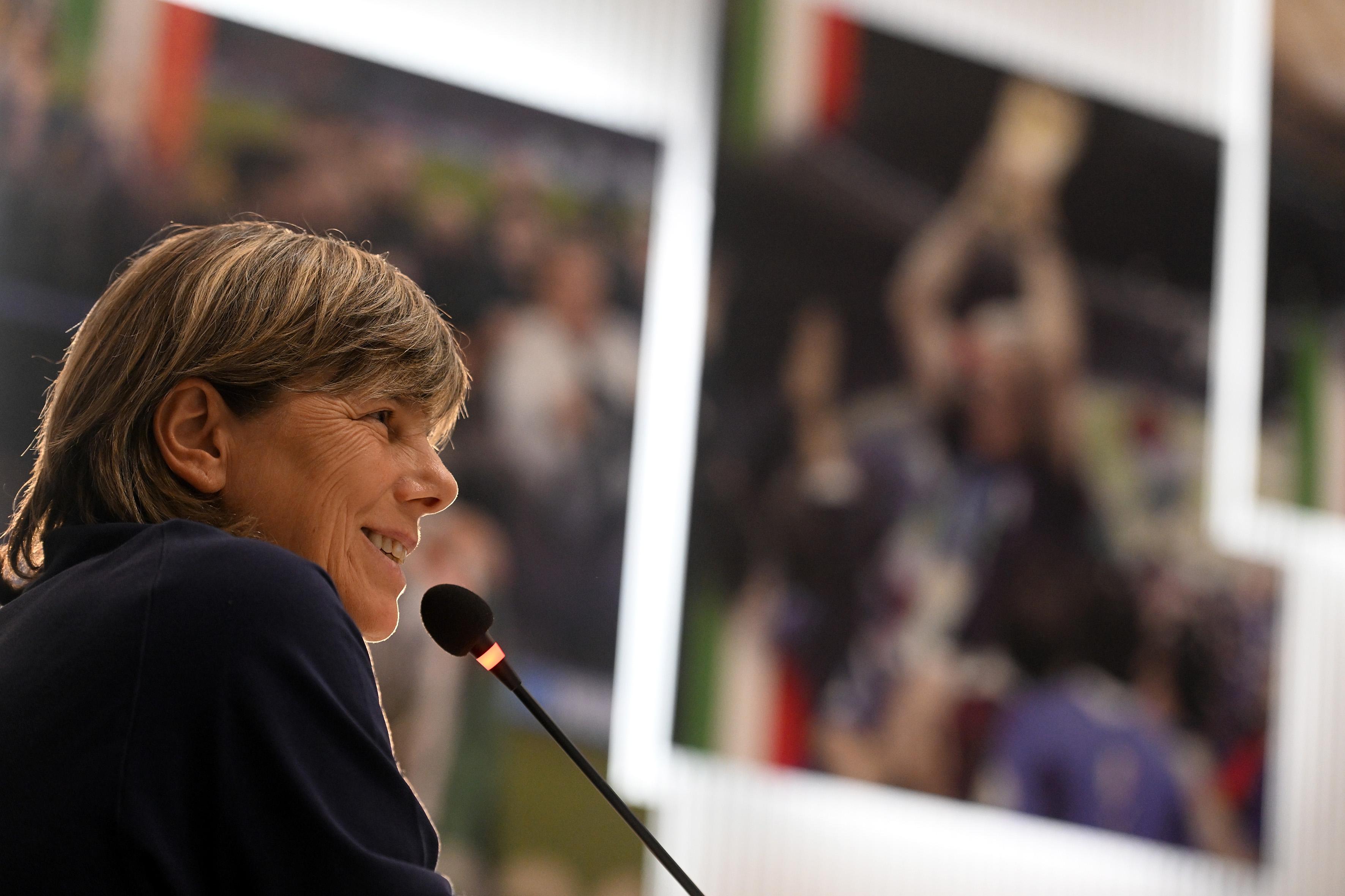 FLORENCE, ITALY - AUGUST 29: Milena Bertolini, Head Coach of Italy, speaks to the media during a press conference at Centro Tecnico Federale di Coverciano on August 29, 2022 in Florence, Italy. (Photo by Tullio M. Puglia/Getty Images)