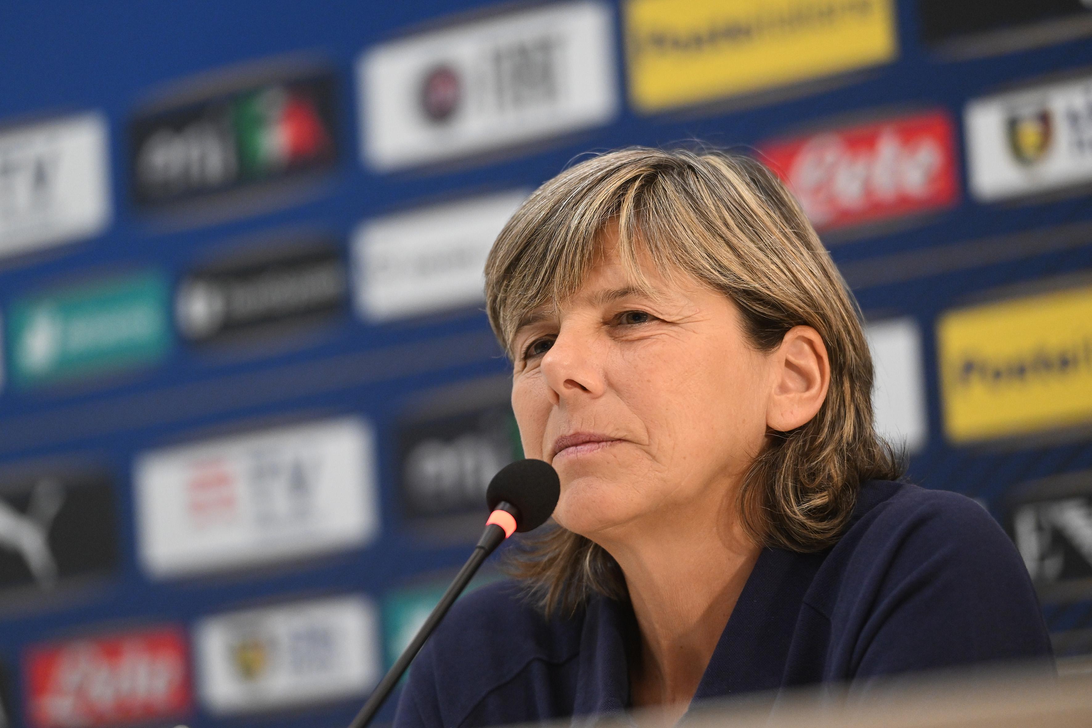 FLORENCE, ITALY - AUGUST 29: Milena Bertolini, Head Coach of Italy, speaks to the media during a press conference at Centro Tecnico Federale di Coverciano on August 29, 2022 in Florence, Italy. (Photo by Tullio M. Puglia/Getty Images)