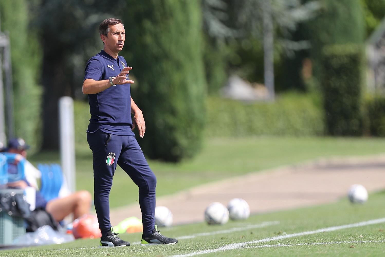 FLORENCE, ITALY - AUGUST 13: Carmine Nunziata manager of Italy U19 in action during the match between Italy U19 and Albania U19 at Centro Tecnico Federale di Coverciano on August 13, 2021 in Florence, Italy.  (Photo by Gabriele Maltinti/Getty Images)