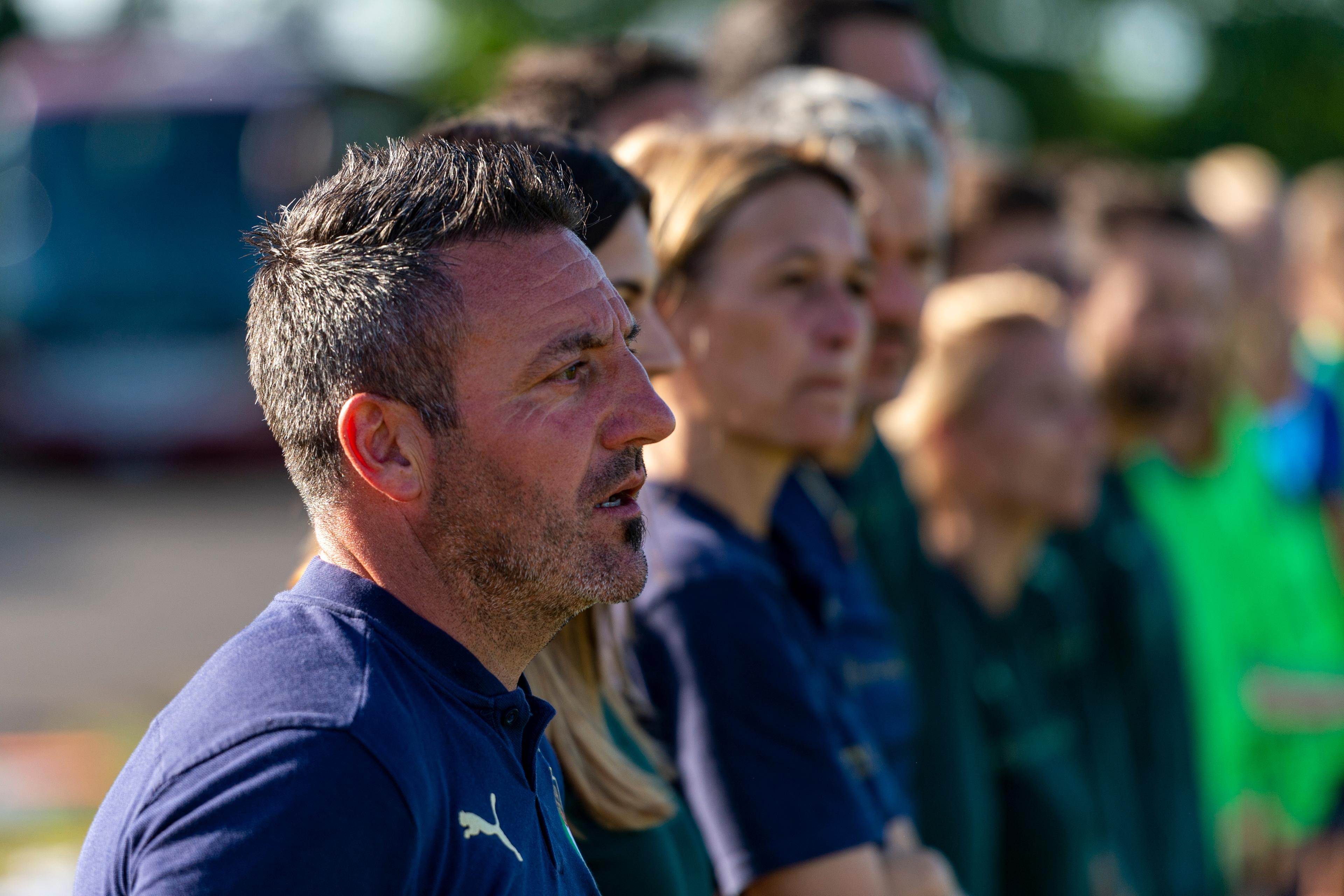 GRADISCA D\\'ISONZO, ITALY - JUNE 26: Italys head coach Jacopo Leandri reacts during the Under 16 Female Football Tournament match between Italy Women U16 v Chile Women U16 on June 26, 2022 in Gradisca d\\'Isonzo, Italy. (Photo by Jurij Kodrun/Getty Images)