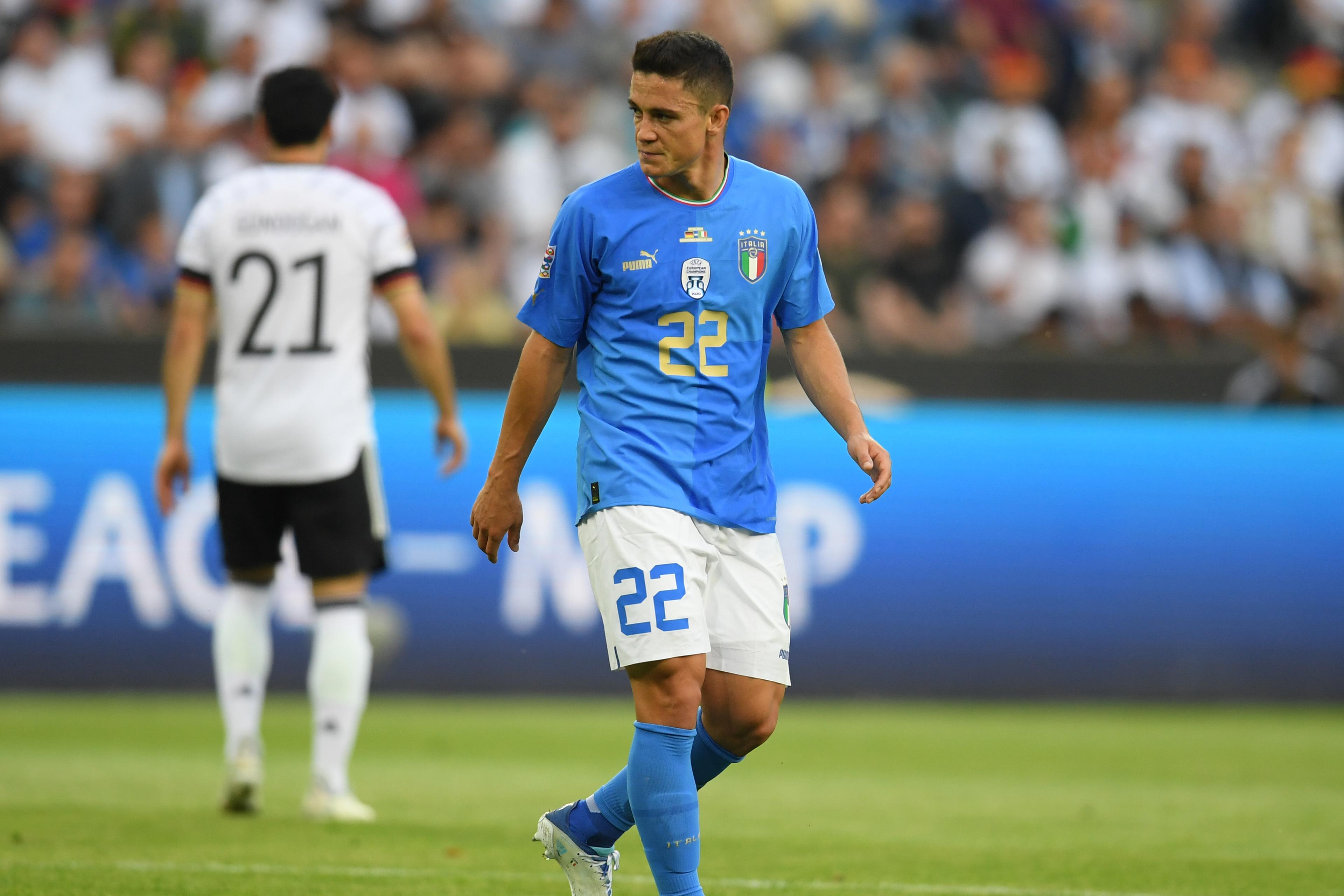 MOENCHENGLADBACH, GERMANY - JUNE 14: Giacomo Raspadori of Italy in action during the UEFA Nations League League A Group 3 match between Germany and England at Borussia Park Stadium on June 14, 2022 in Moenchengladbach, Germany. (Photo by Claudio Villa/Getty Images)