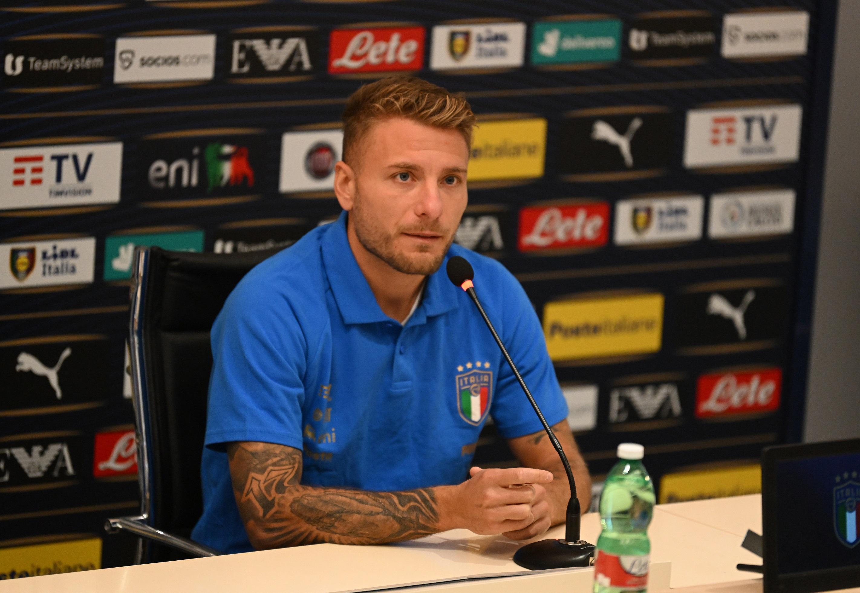 FLORENCE, ITALY - SEPTEMBER 21: Ciro Immobile of Italy speaks with the media during a press conference at Centro Tecnico Federale di Coverciano on September 21, 2022 in Florence, Italy. (Photo by Claudio Villa/Getty Images)