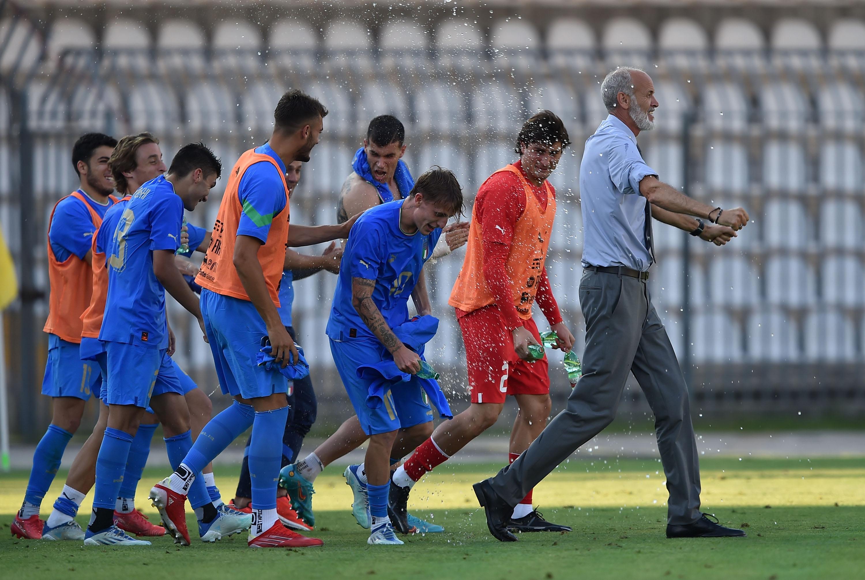 ASCOLI PICENO, ITALY - JUNE 14: Paolo Nicolato head coach of Italy U21 celebrates the victory after the UEFA European Under-21 Championship Qualifier Group F match between Italy U21 and Ireland U21 at Stadio Cino e Lillo Del Duca on June 14, 2022 in Ascoli Piceno, Italy. (Photo by Giuseppe Bellini/Getty Images) *** Local Caption *** Paolo Nicolato