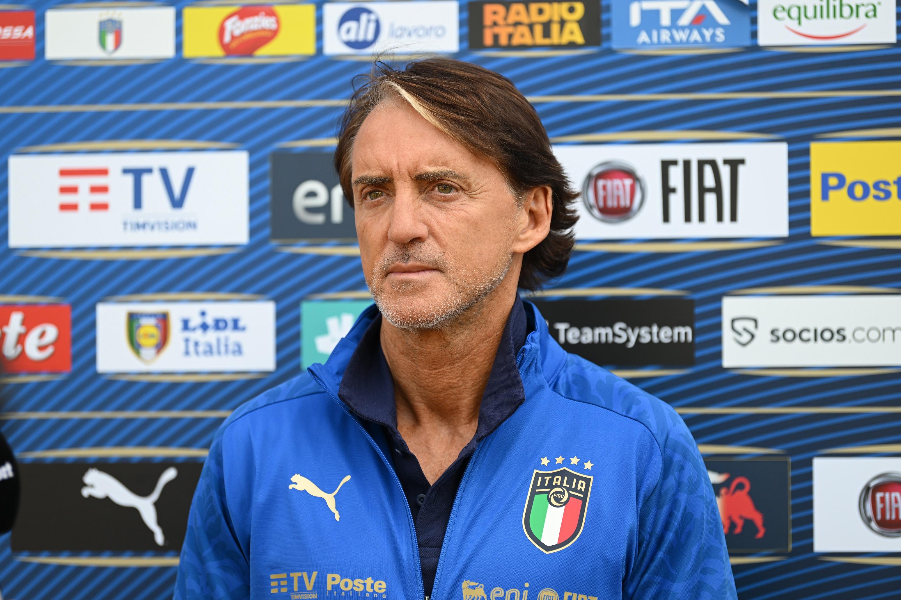 FLORENCE, ITALY - SEPTEMBER 22: Head coach Italy Roberto Mancini speaks with the media during Italy press conference at Centro Tecnico Federale di Coverciano on September 22, 2022 in Florence, Italy. (Photo by Claudio Villa/Getty Images)