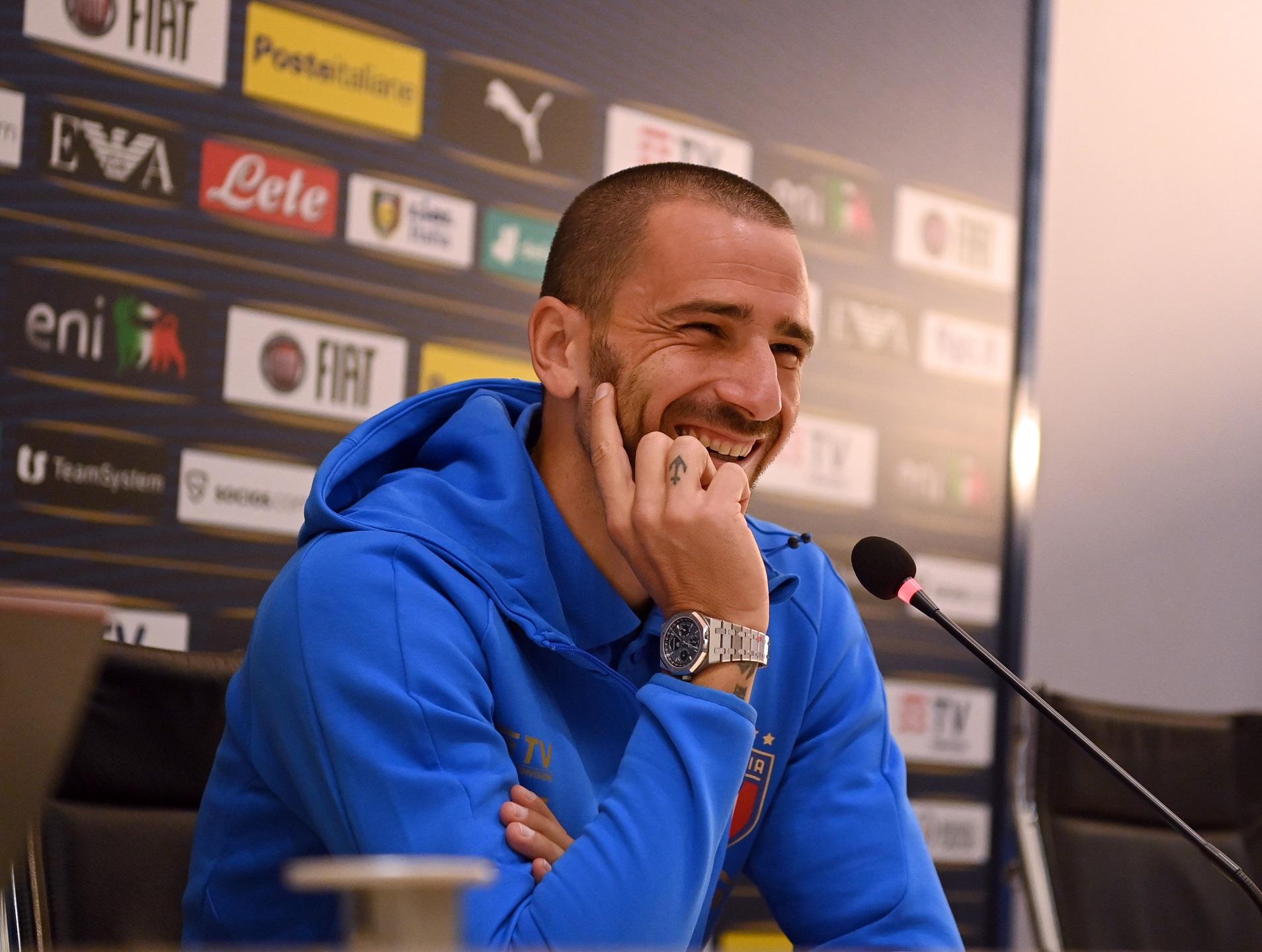 FLORENCE, ITALY - SEPTEMBER 22: Leonardo Bonucci of Italy speaks with the media during Italy press conference at Centro Tecnico Federale di Coverciano on September 22, 2022 in Florence, Italy. (Photo by Claudio Villa/Getty Images)