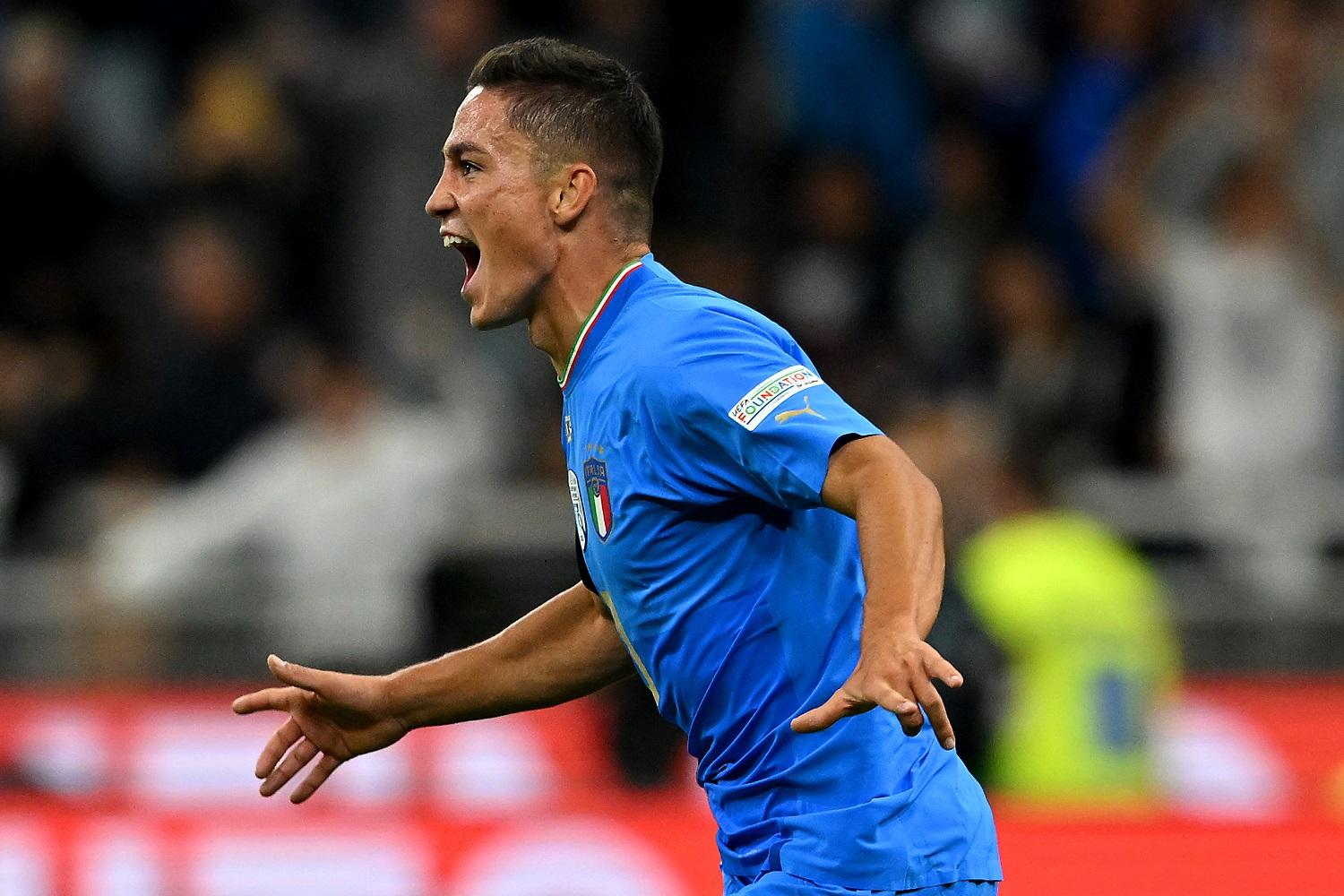 MILAN, ITALY - SEPTEMBER 23: Giacomo Raspadori of Italy celebrates their sides first goal during the UEFA Nations League League A Group 3 match between Italy and England at San Siro on September 23, 2022 in Milan, Italy. (Photo by Claudio Villa/Getty Images)