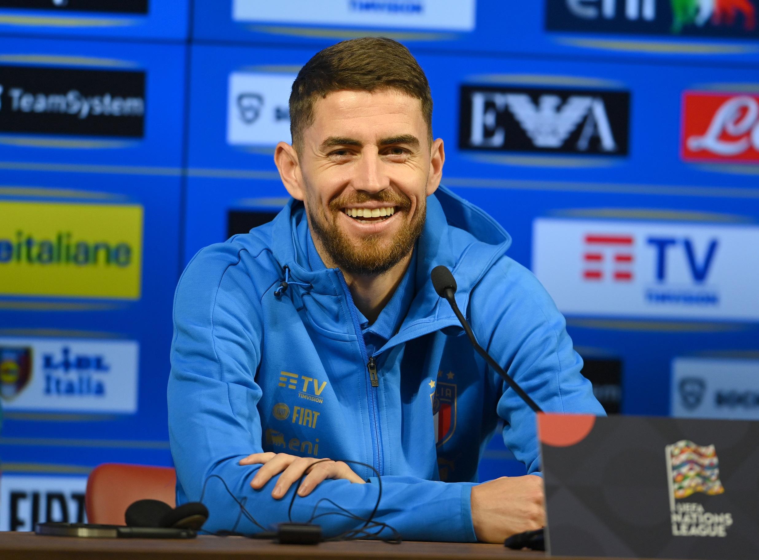 BUDAPEST, HUNGARY - SEPTEMBER 25: Jorginho of Italy speaks with the media during press conference on September 25, 2022 in Budapest, Hungary. (Photo by Claudio Villa/Getty Images)
