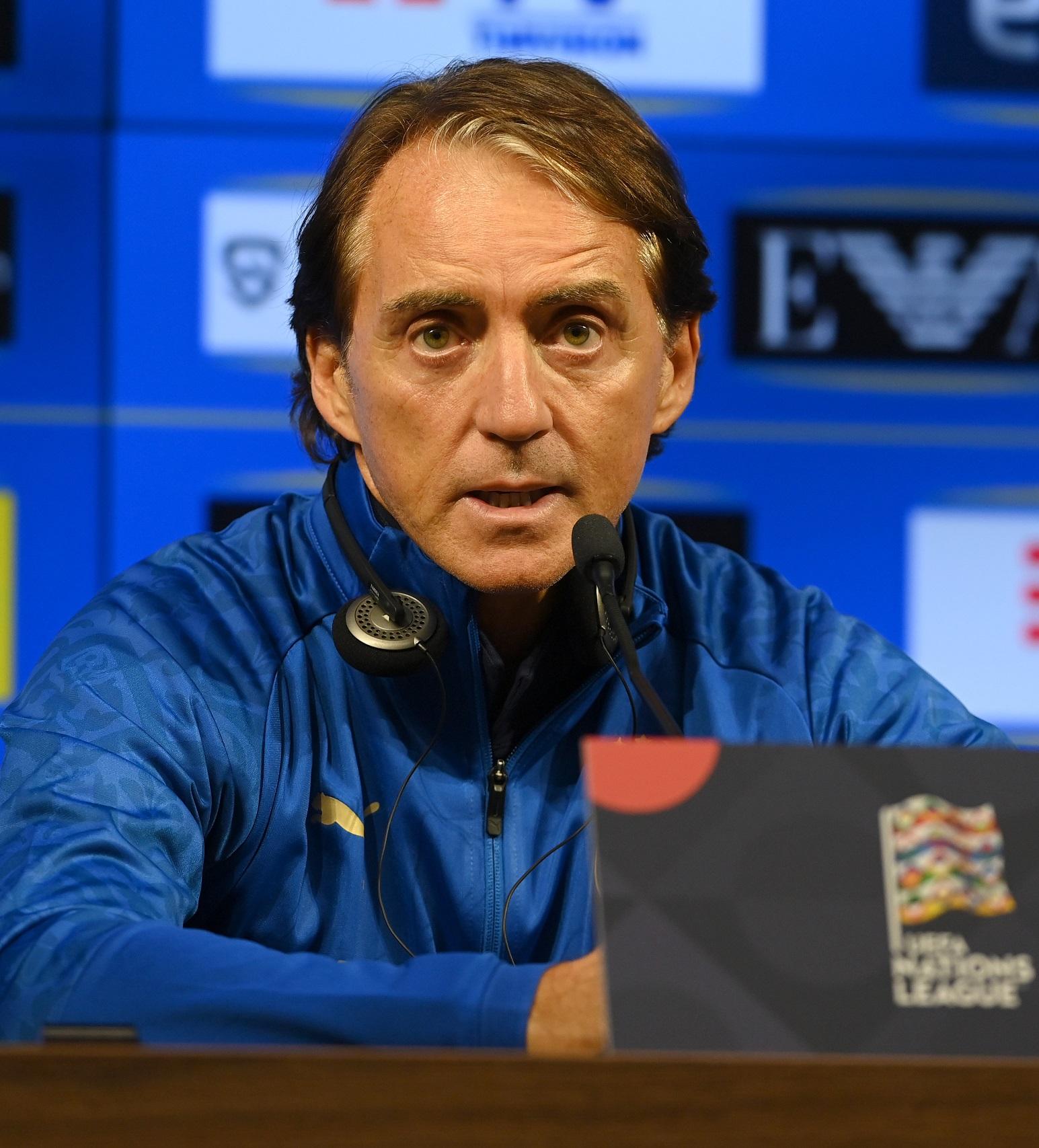 BUDAPEST, HUNGARY - SEPTEMBER 25: Head coach Italy Roberto Mancini speaks with the media during press conference on September 25, 2022 in Budapest, Hungary. (Photo by Claudio Villa/Getty Images)