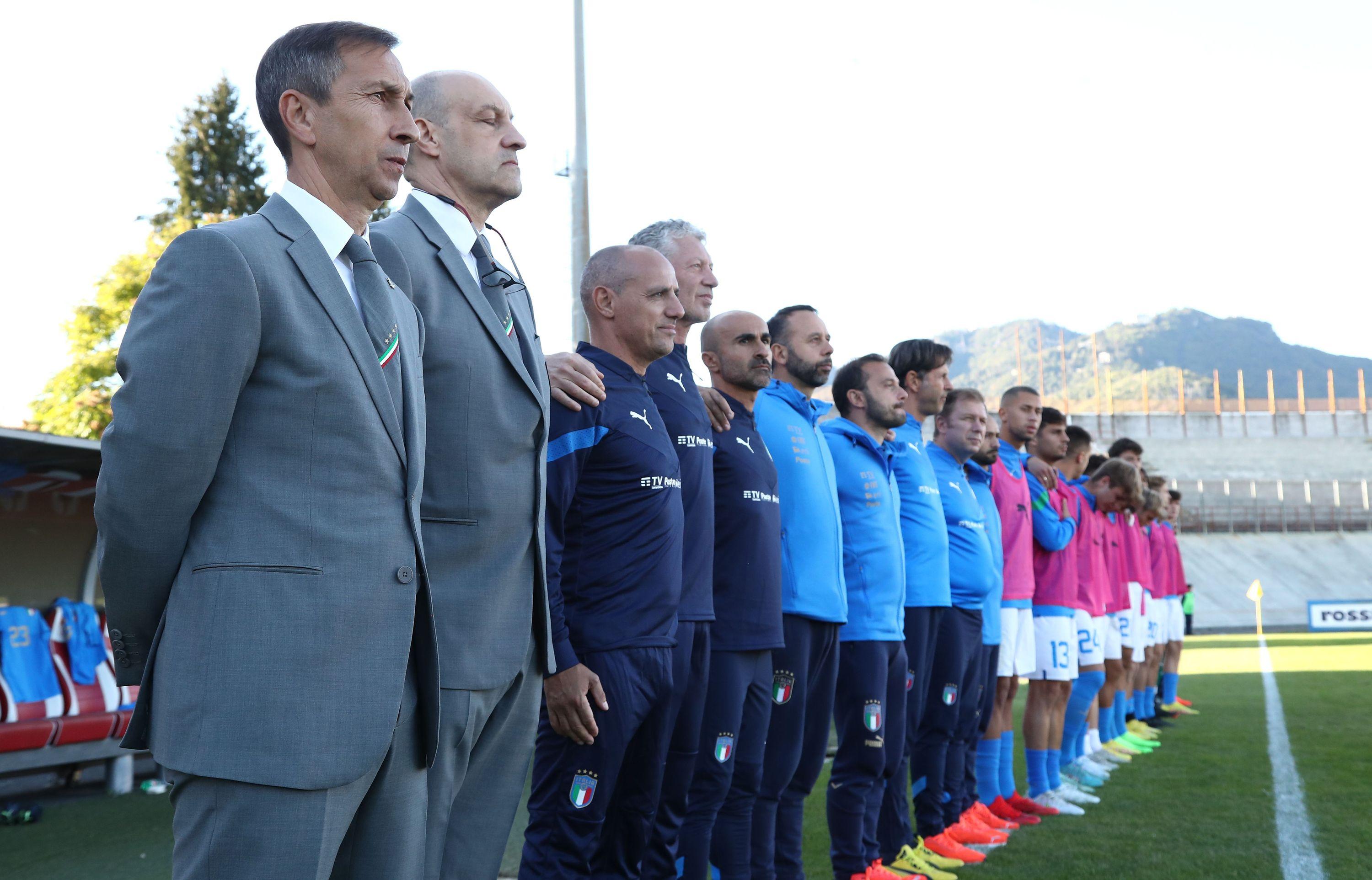 VARESE, ITALY - SEPTEMBER 27: Italy coach Carmine Nunziata looks on before the International Friendly Match between Italy U20 and Switzerland U20 at Stadio Franco Ossola on September 27, 2022 in Varese, Italy. (Photo by Marco Luzzani/Getty Images)