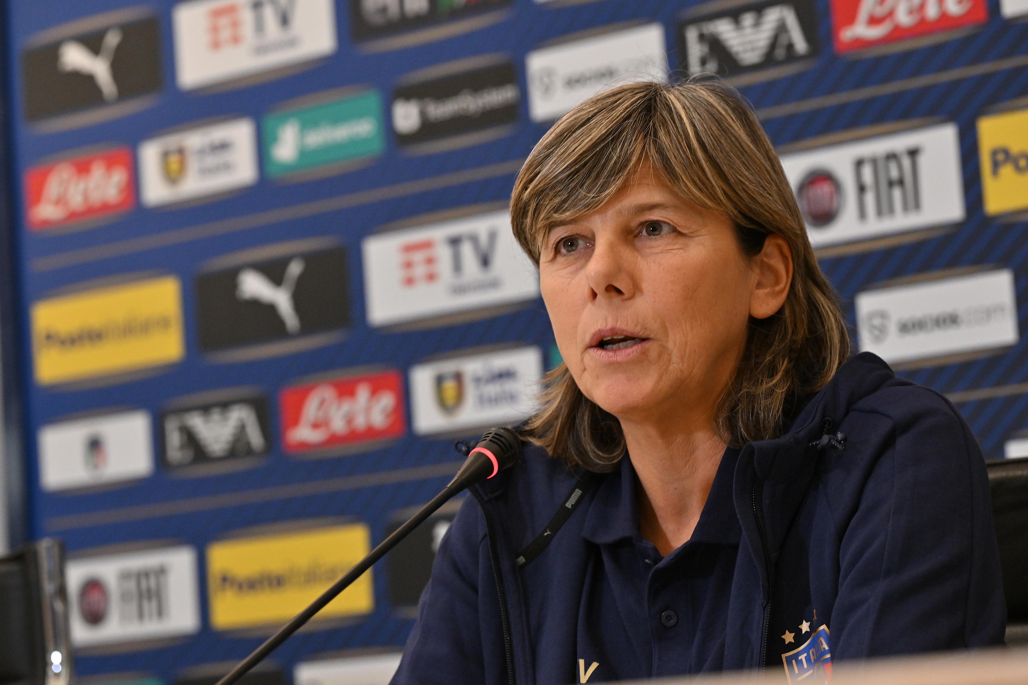 FLORENCE, ITALY - OCTOBER 03: Milena Bertolini, Head coach of Italy Women, answers questions during a press conference at Centro Tecnico Federale di Coverciano on October 03, 2022 in Florence, Italy. (Photo by Tullio M. Puglia/Getty Images)