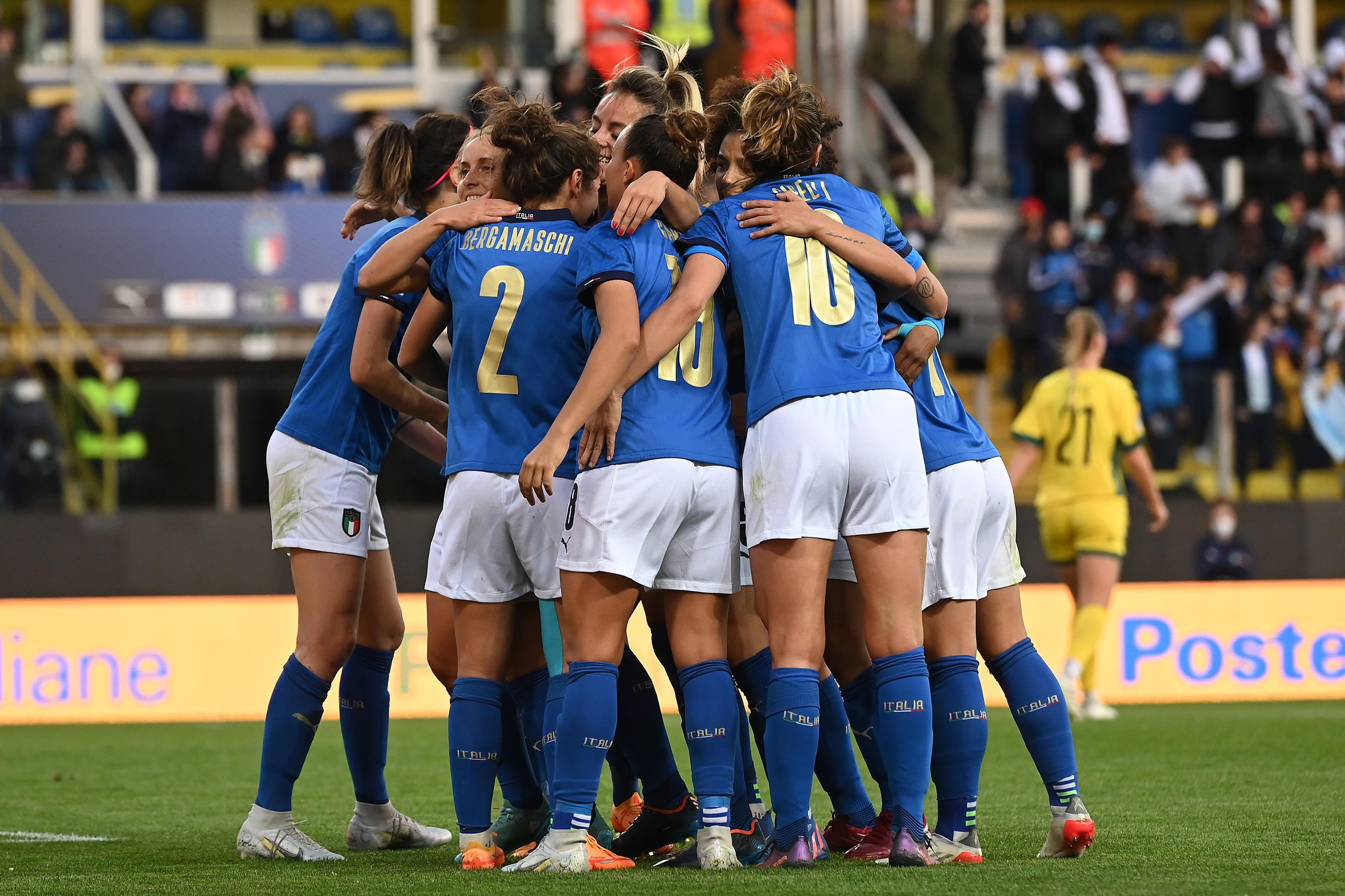 PARMA, ITALY - APRIL 08:  Arianna Caruso of Italy Women  celebrates after scoring her team third goal during the FIFA Women\\'s World Cup 2023 Qualifier group G match between Italy and Lithuania at Stadio Ennio Tardini on April 08, 2022 in Parma, Italy. (Photo by Alessandro Sabattini/Getty Images)