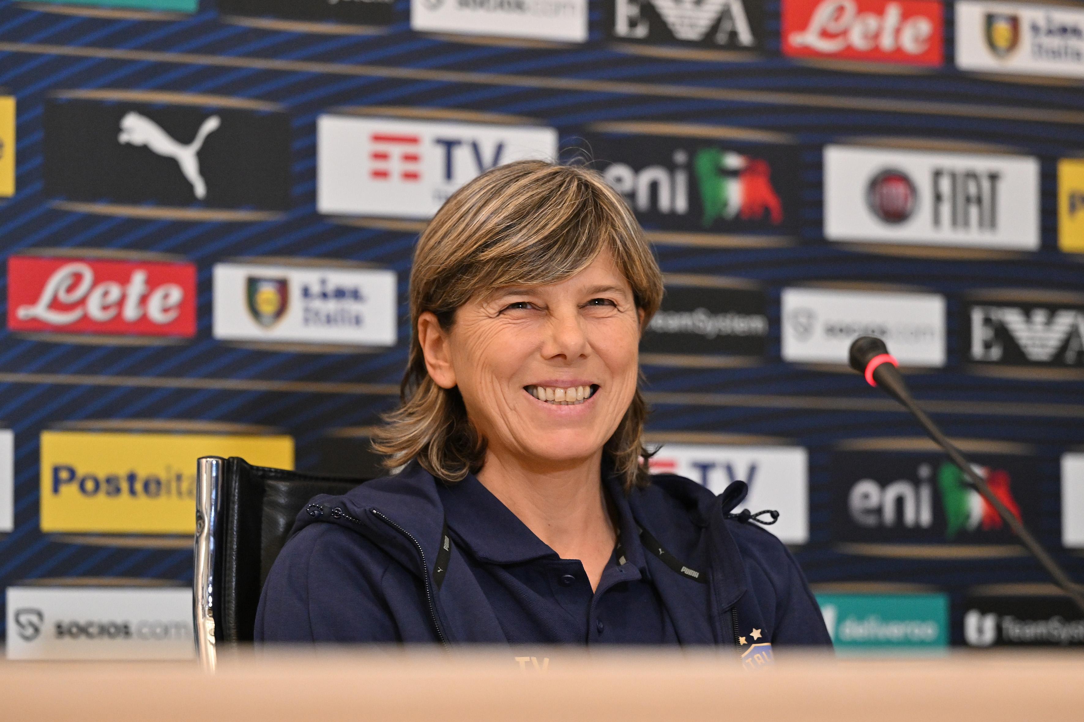 FLORENCE, ITALY - OCTOBER 03: Milena Bertolini, Head coach of Italy Women, answers questions during a press conference at Centro Tecnico Federale di Coverciano on October 03, 2022 in Florence, Italy. (Photo by Tullio M. Puglia/Getty Images)