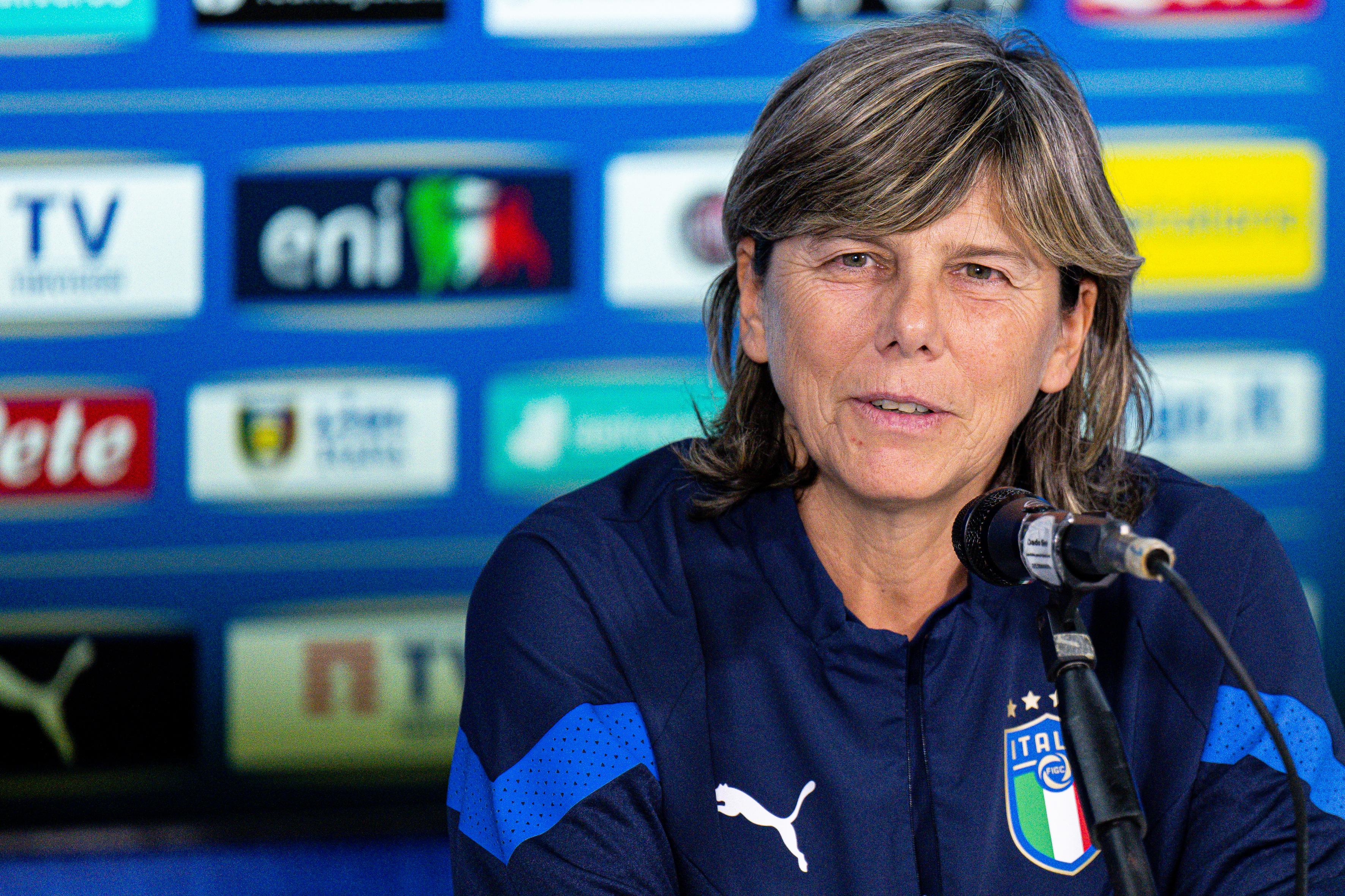 GENOA, ITALY - OCTOBER 09: Milena Bertolini head coach of Italy during a press conference at Stadio Luigi Ferraris on October 9, 2022 in Genoa, Italy. (Photo by Simone Arveda/Getty Images)