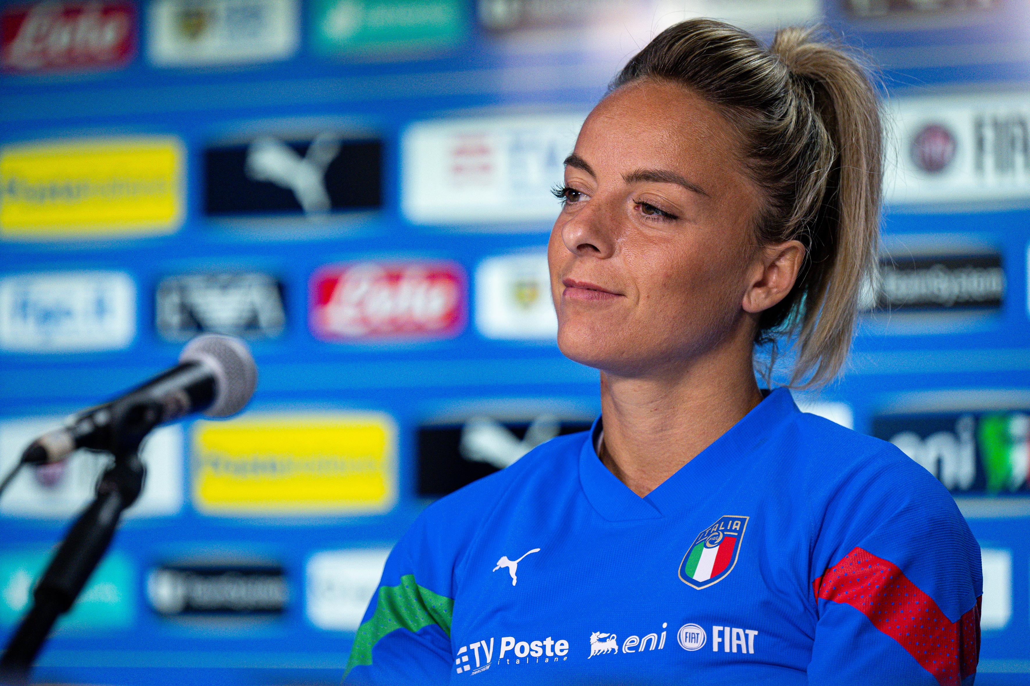 GENOA, ITALY - OCTOBER 09: Martina Rosucci of Italy during a press conference at Stadio Luigi Ferraris on October 9, 2022 in Genoa, Italy. (Photo by Simone Arveda/Getty Images)