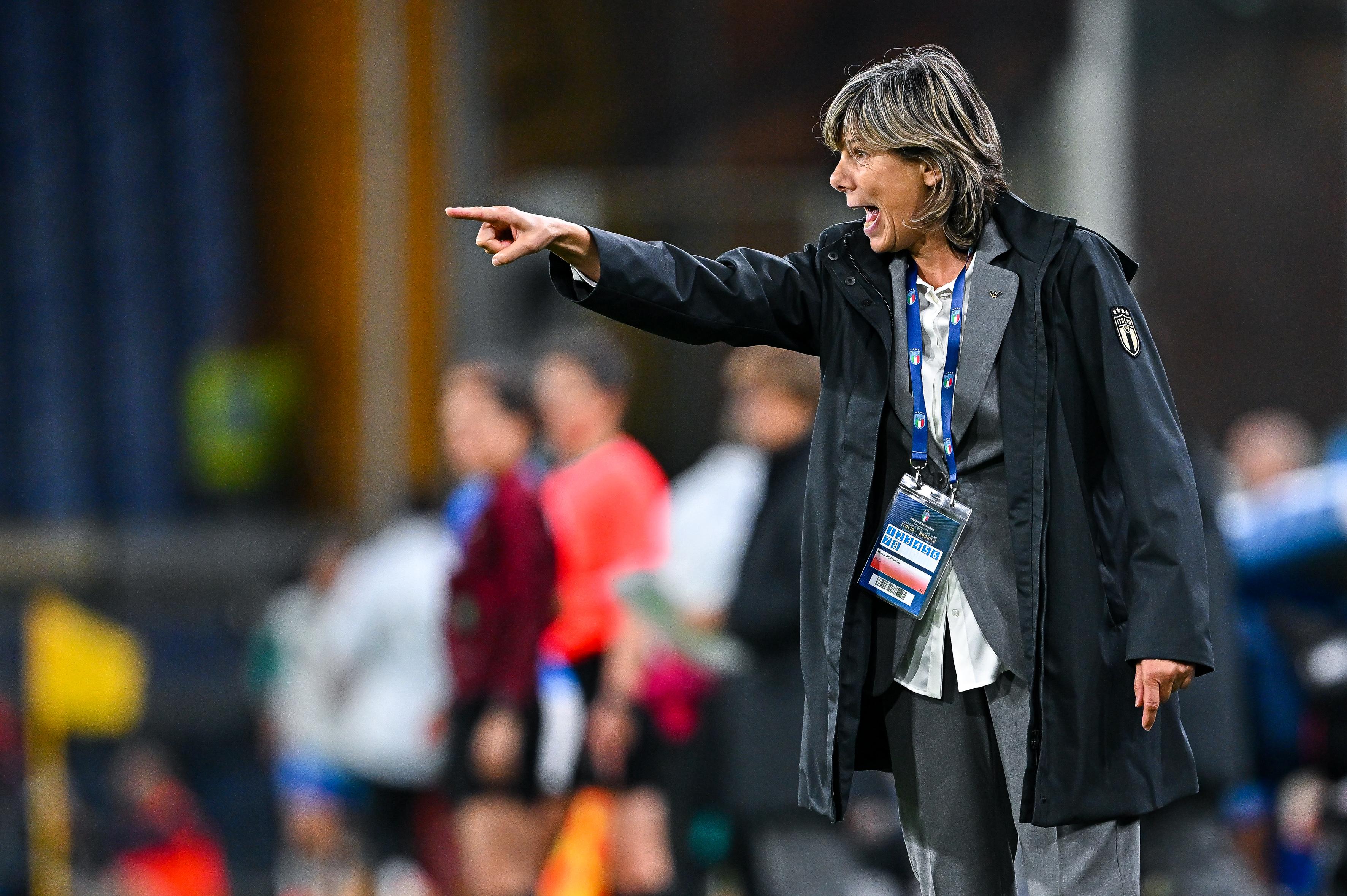 GENOA, ITALY - OCTOBER 10: Milena Bertolini head coach of Italy reacts during the Women’s International Friendly match between Italy and Brazil at Stadio Luigi Ferraris on October 10, 2022 in Genoa, Italy. (Photo by Simone Arveda/Getty Images)