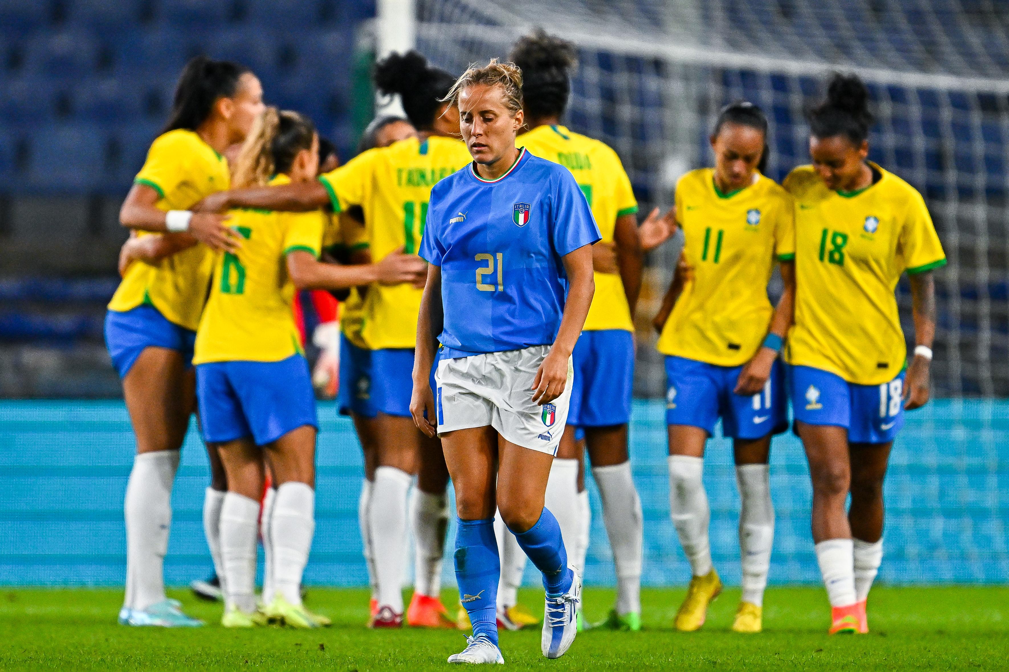 GENOA, ITALY - OCTOBER 10: Valentina Cernoia of Italy (C) reacts with disappointment as Adriana Da Silva of Brazil scores a goal during the Women\\u2019s International Friendly match between Italy and Brazil at Stadio Luigi Ferraris on October 10, 2022 in Genoa, Italy. (Photo by Simone Arveda/Getty Images)