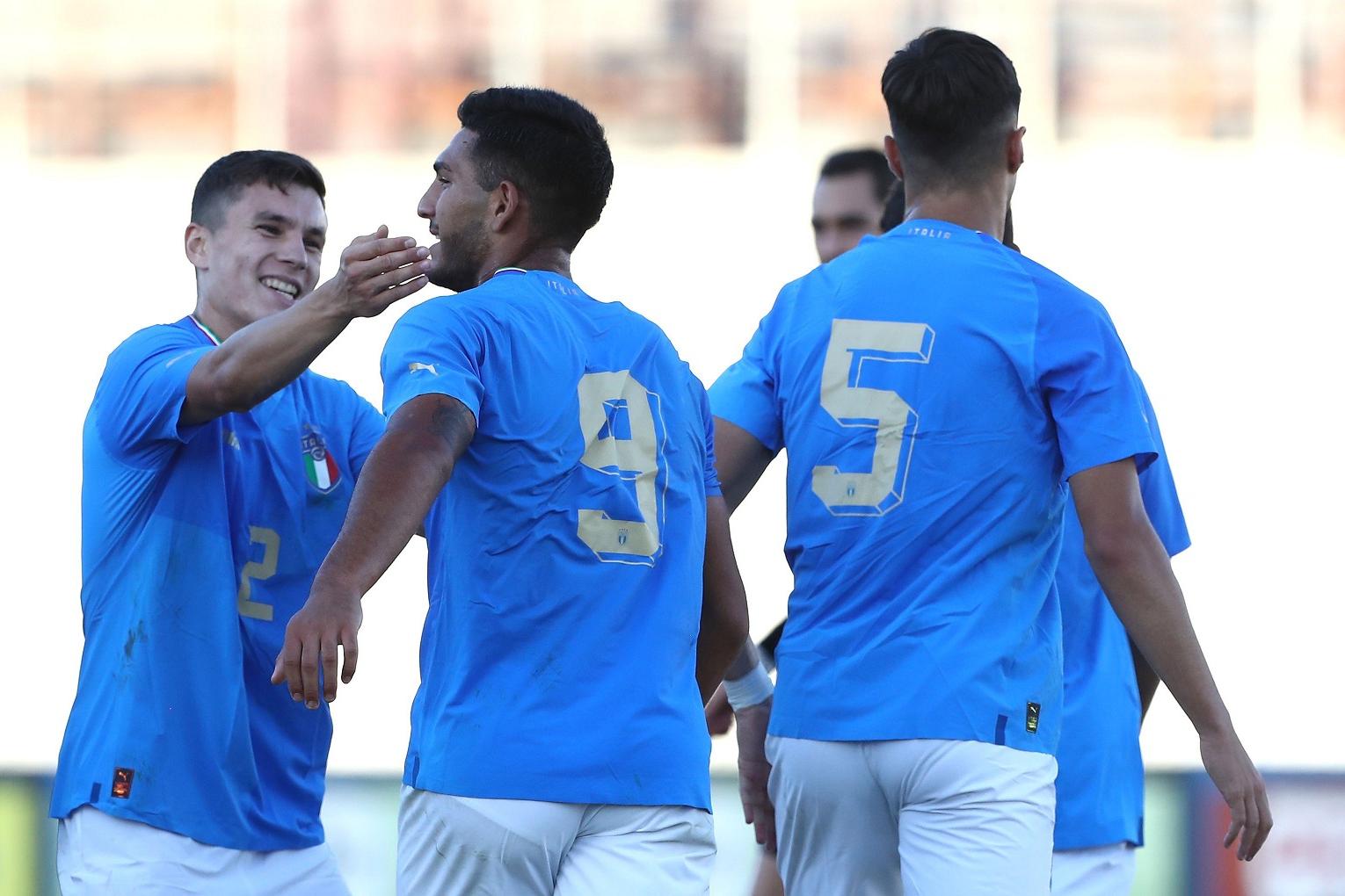 VARESE, ITALY - SEPTEMBER 27: Daniele Montevago of Italy celebrates after scoring the opening goal during the International Friendly Match between Italy U20 and Switzerland U20 at Stadio Franco Ossola on September 27, 2022 in Varese, Italy. (Photo by Marco Luzzani/Getty Images)