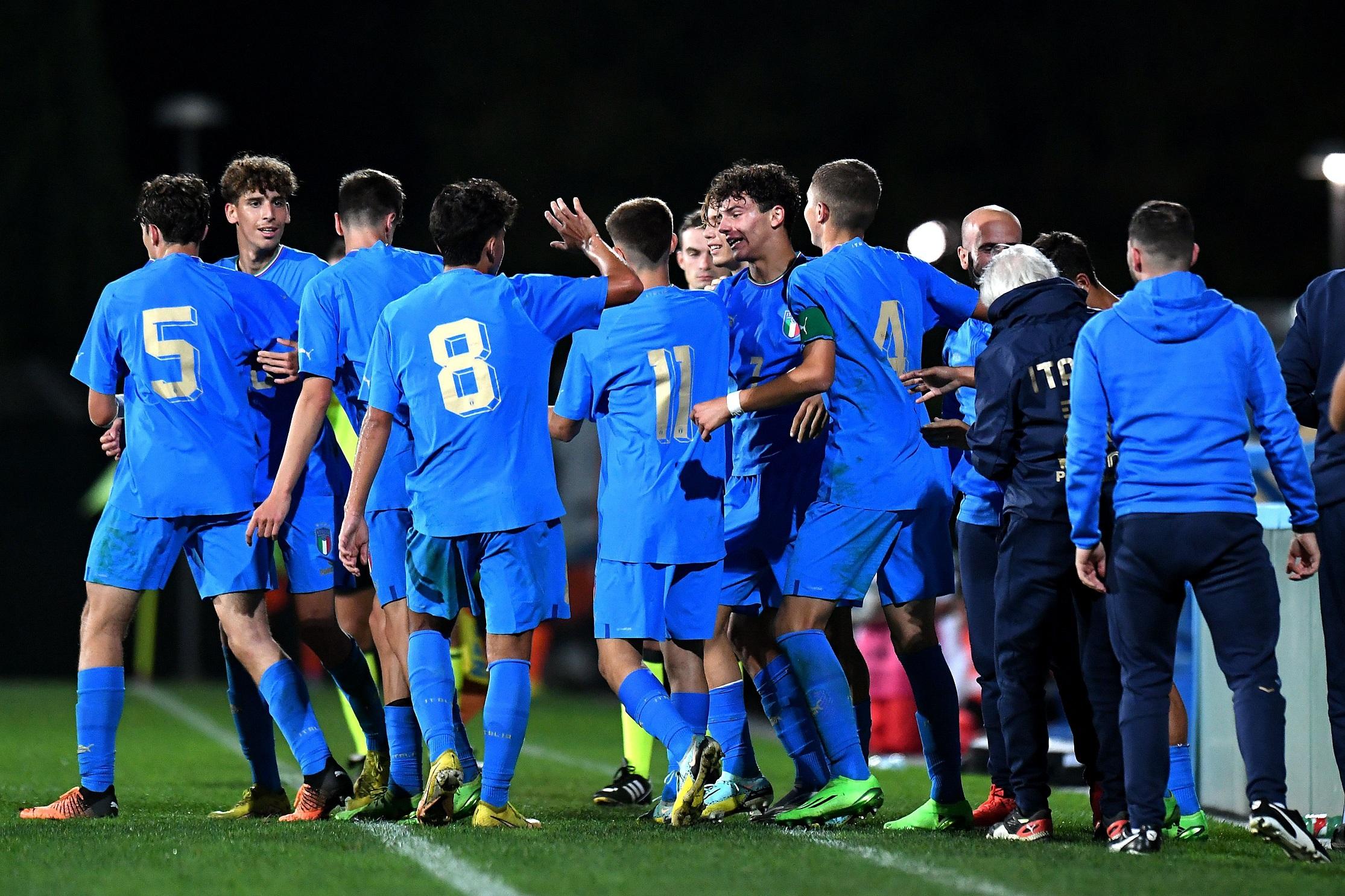 FLORENCE, ITALY - OCTOBER 11: Diego Pisani of Italy U16  celebrates after scoring his team second goal during the International Friendly match between Italy U16 and Netherlands U16 at Centro Tecnico Federale di Coverciano on October 11, 2022 in Florence, Italy. (Photo by Alessandro Sabattini/Getty Images)