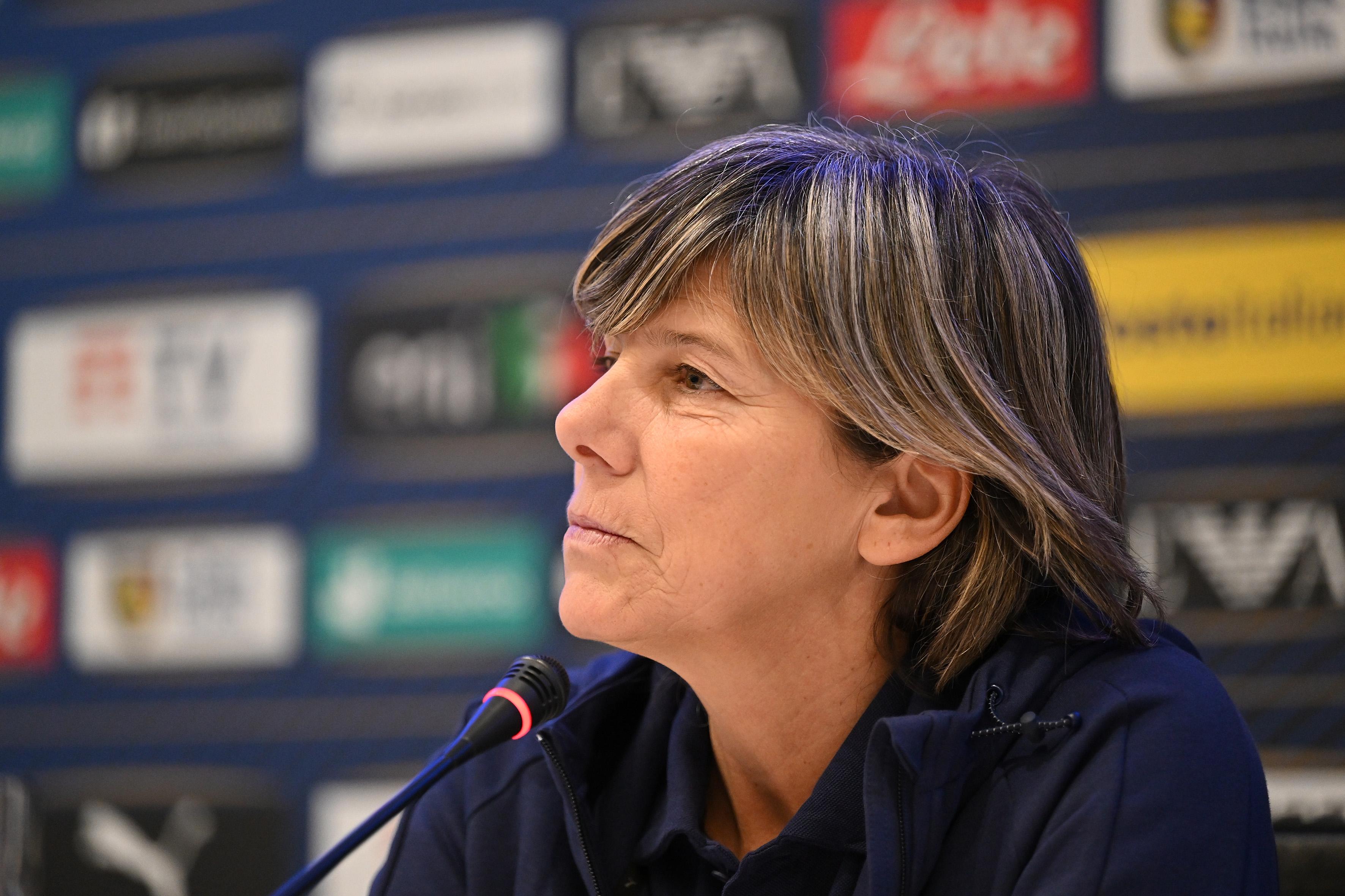 FLORENCE, ITALY - NOVEMBER 07: Milena Bertolini, Head coach of Italy Women, answers questions during a press conference at Centro Tecnico Federale di Coverciano on November 07, 2022 in Florence, Italy. (Photo by Tullio M. Puglia/Getty Images)