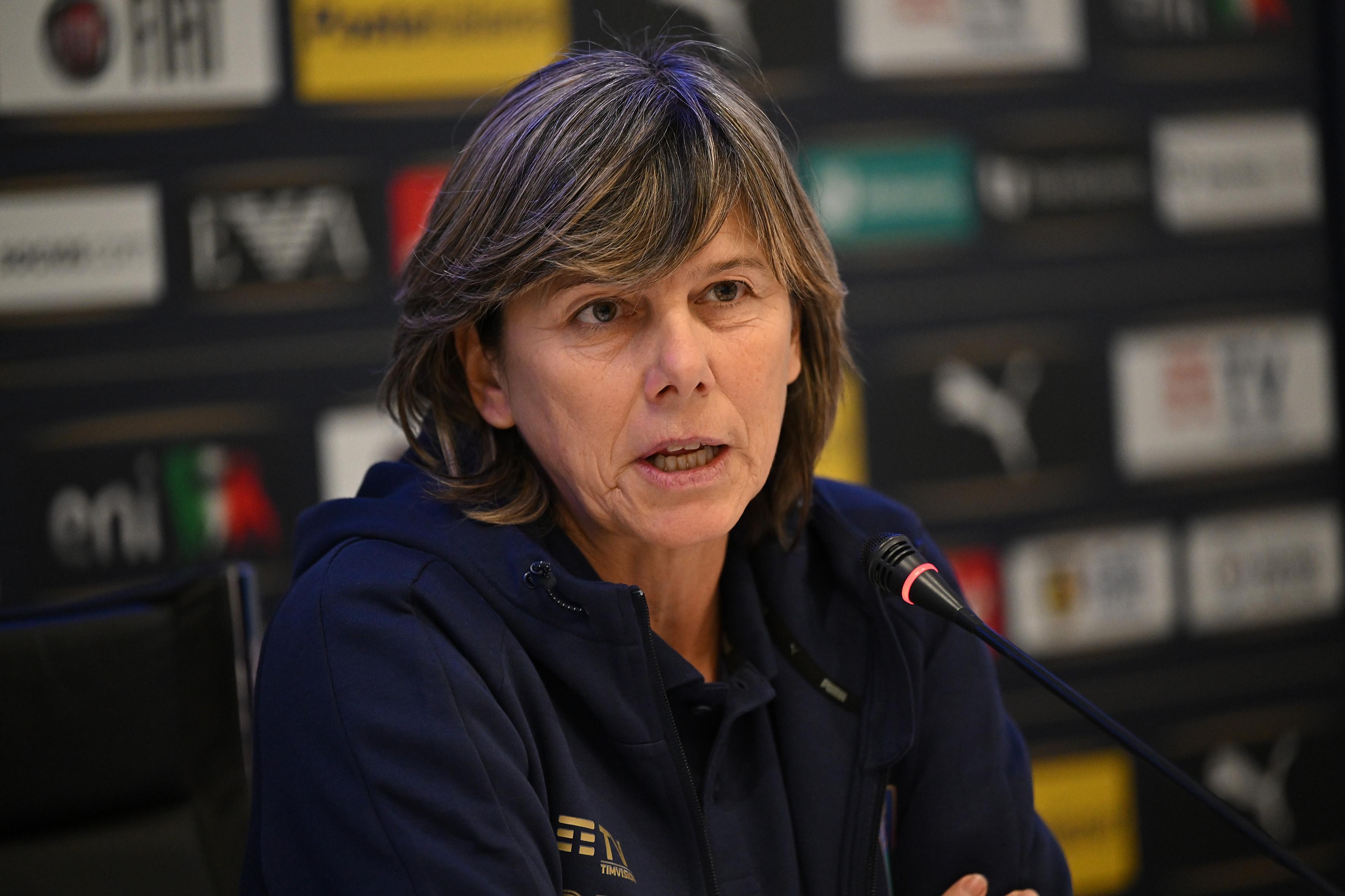 FLORENCE, ITALY - NOVEMBER 07: Milena Bertolini, Head coach of Italy Women, answers questions during a press conference at Centro Tecnico Federale di Coverciano on November 07, 2022 in Florence, Italy. (Photo by Tullio M. Puglia/Getty Images)