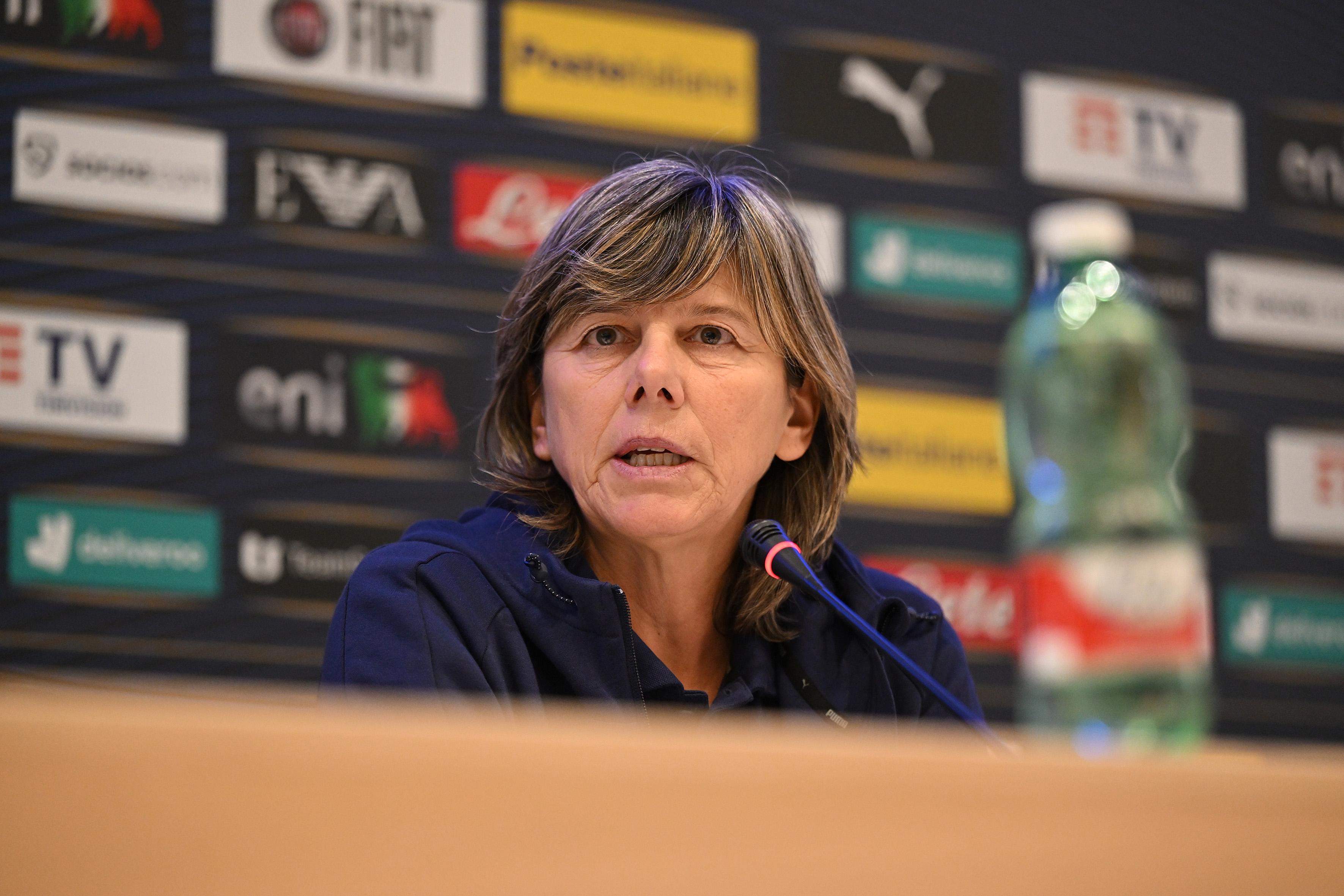 FLORENCE, ITALY - NOVEMBER 07: Milena Bertolini, Head coach of Italy Women, answers questions during a press conference at Centro Tecnico Federale di Coverciano on November 07, 2022 in Florence, Italy. (Photo by Tullio M. Puglia/Getty Images)