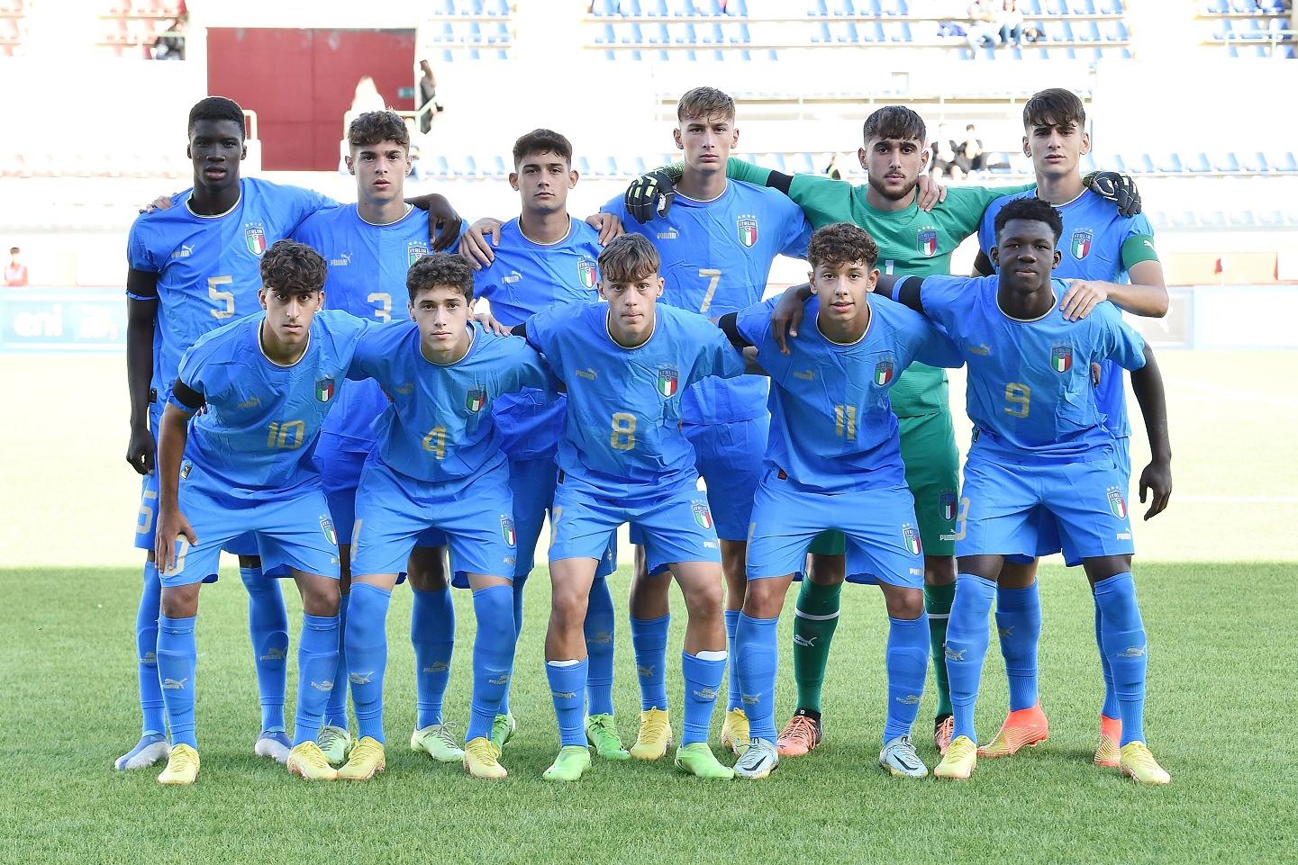 L\\'AQUILA, ITALY - SEPTEMBER 21: Team of Italy U18 prior the International Friendly Match between Italy U18 and Serbia U18 at Stadio Gran Sasso d\\'Italia on September 21, 2022 in L\\'Aquila, Italy. (Photo by Giuseppe Bellini/Getty Images)