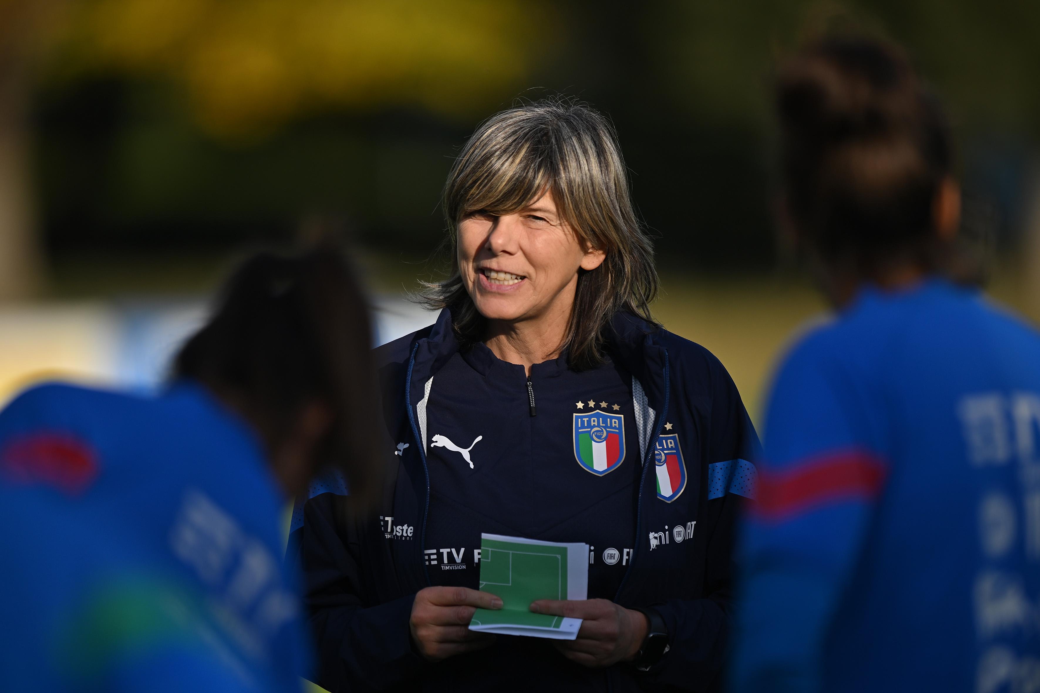 FLORENCE, ITALY - NOVEMBER 07: Milena Bertolini, Head coach of Italy Women, leads a training session at Centro Tecnico Federale di Coverciano on November 07, 2022 in Florence, Italy. (Photo by Tullio M. Puglia/Getty Images)