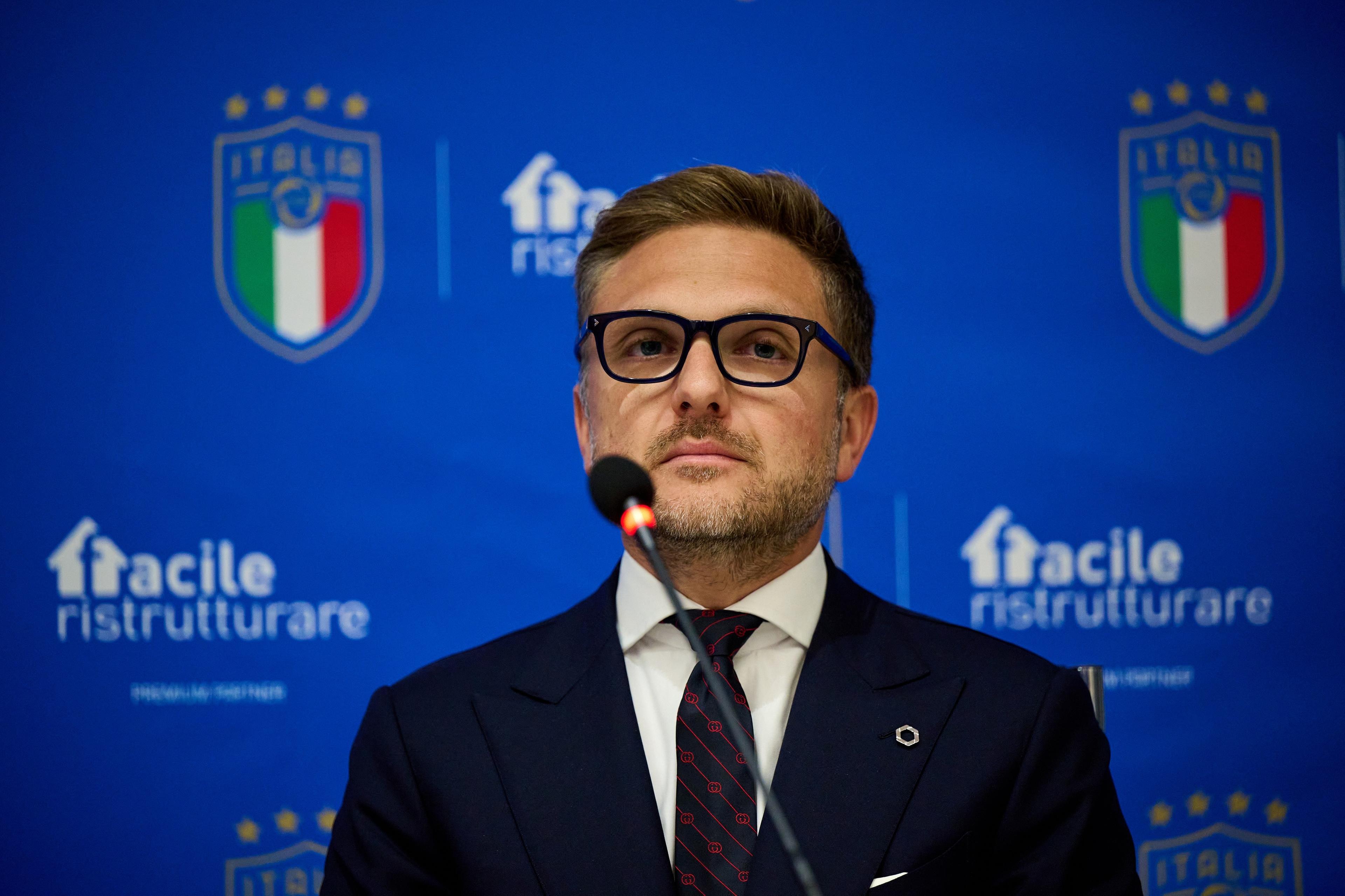 FLORENCE, ITALY - NOVEMBER 14: FIGC to present the new sponsor Facile Ristrutturare at Centro Tecnico Federale di Coverciano on November 14, 2022 in Florence, Italy. (Photo by Mattia Ozbot/Getty Images)
