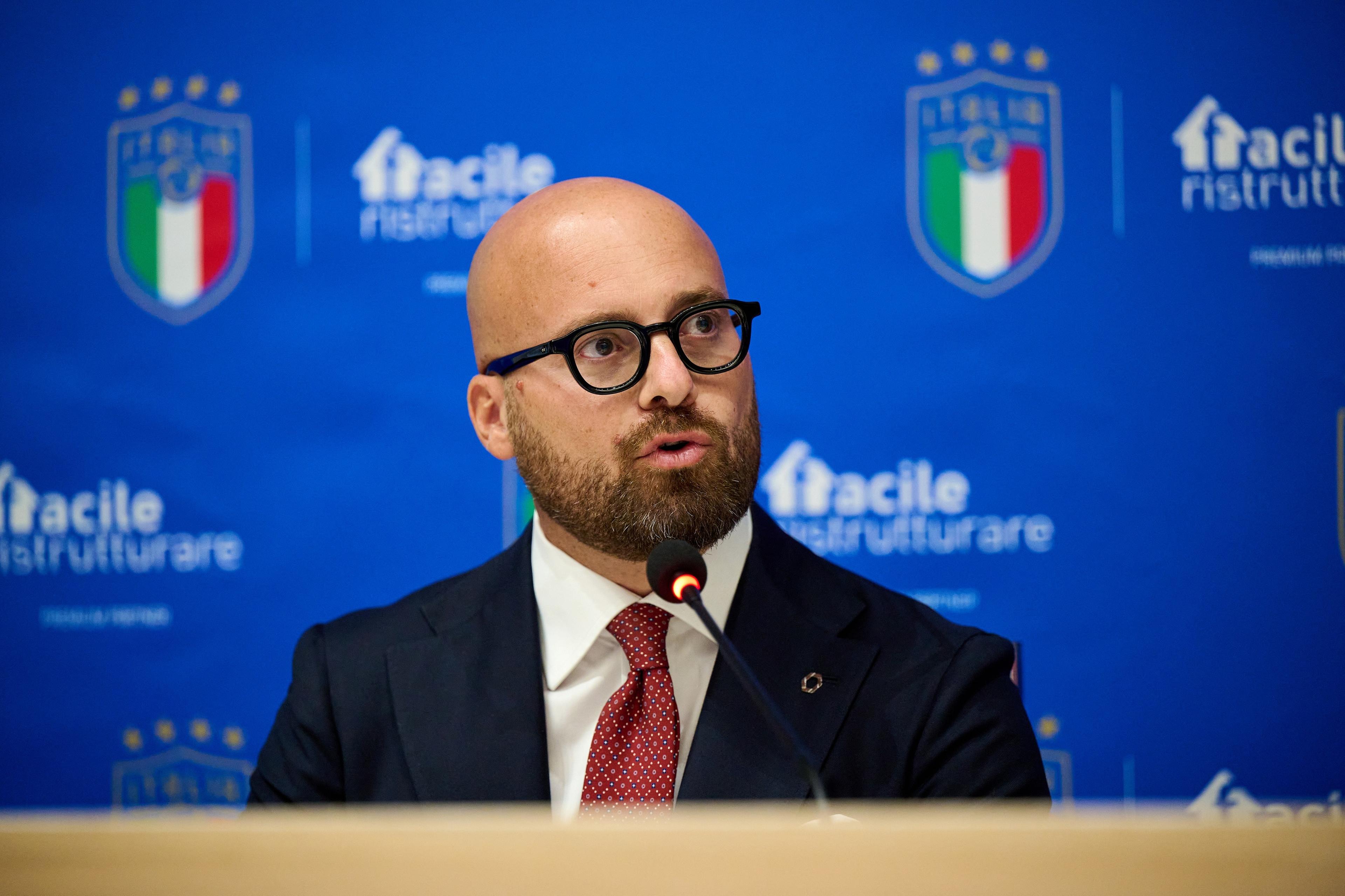 FLORENCE, ITALY - NOVEMBER 14: FIGC to present the new sponsor Facile Ristrutturare at Centro Tecnico Federale di Coverciano on November 14, 2022 in Florence, Italy. (Photo by Mattia Ozbot/Getty Images)