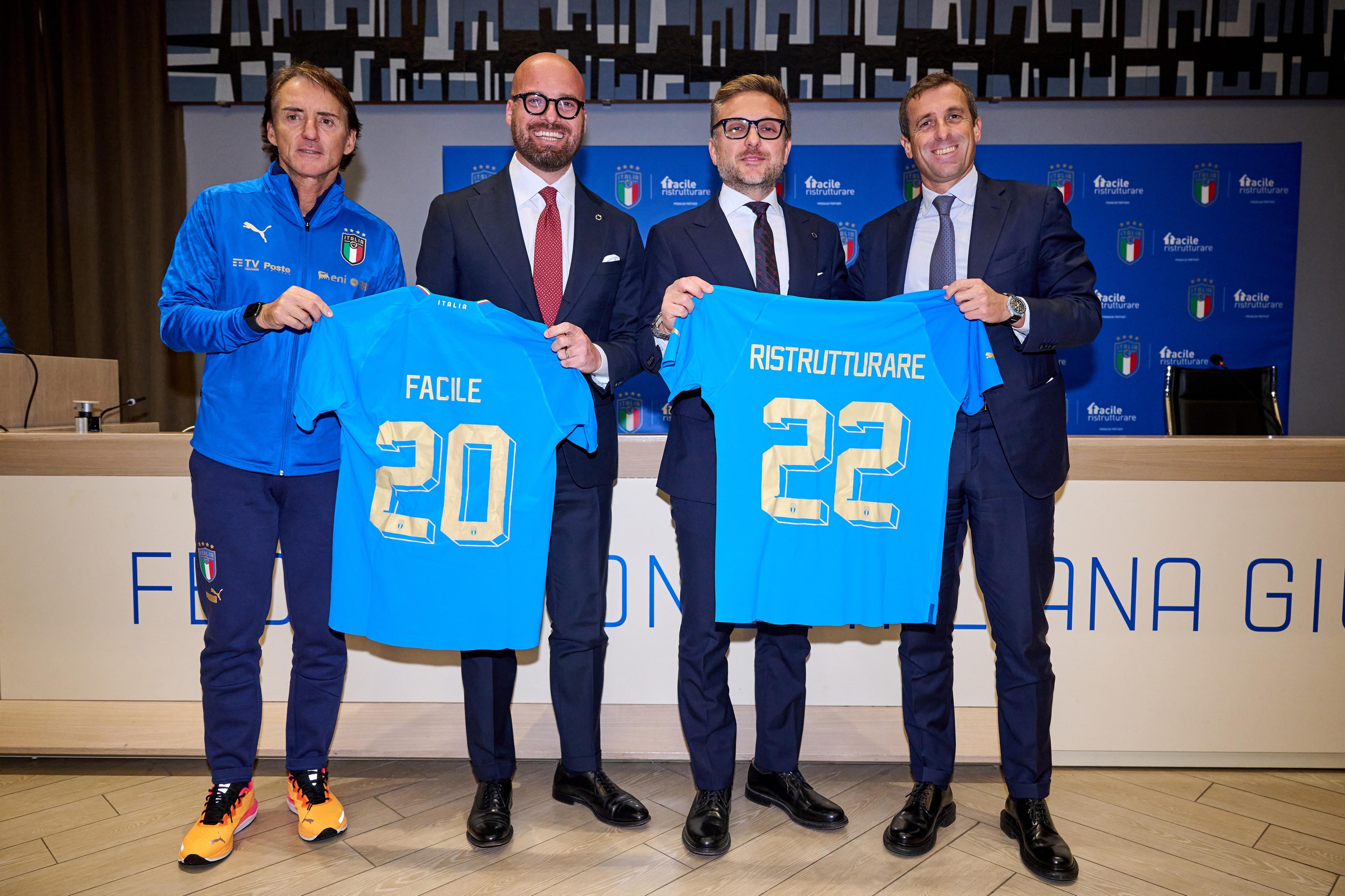 FLORENCE, ITALY - NOVEMBER 14: FIGC to present the new sponsor Facile Ristrutturare at Centro Tecnico Federale di Coverciano on November 14, 2022 in Florence, Italy. (Photo by Mattia Ozbot/Getty Images)