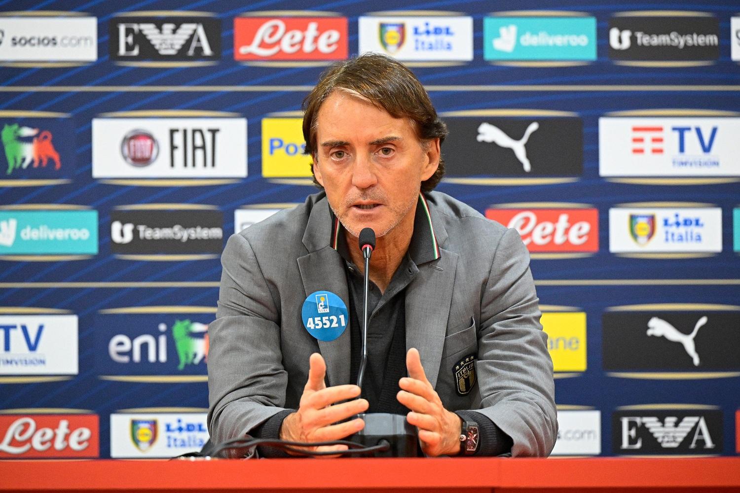 TI, ITALY - NOVEMBER 15: CT Roberto Mancini of Italy speaks with the media during the Italy Press Conference at Albania Stadium on November 15, 2022 in Tirana, Albania (Photo by Mattia Ozbot/Getty Images)