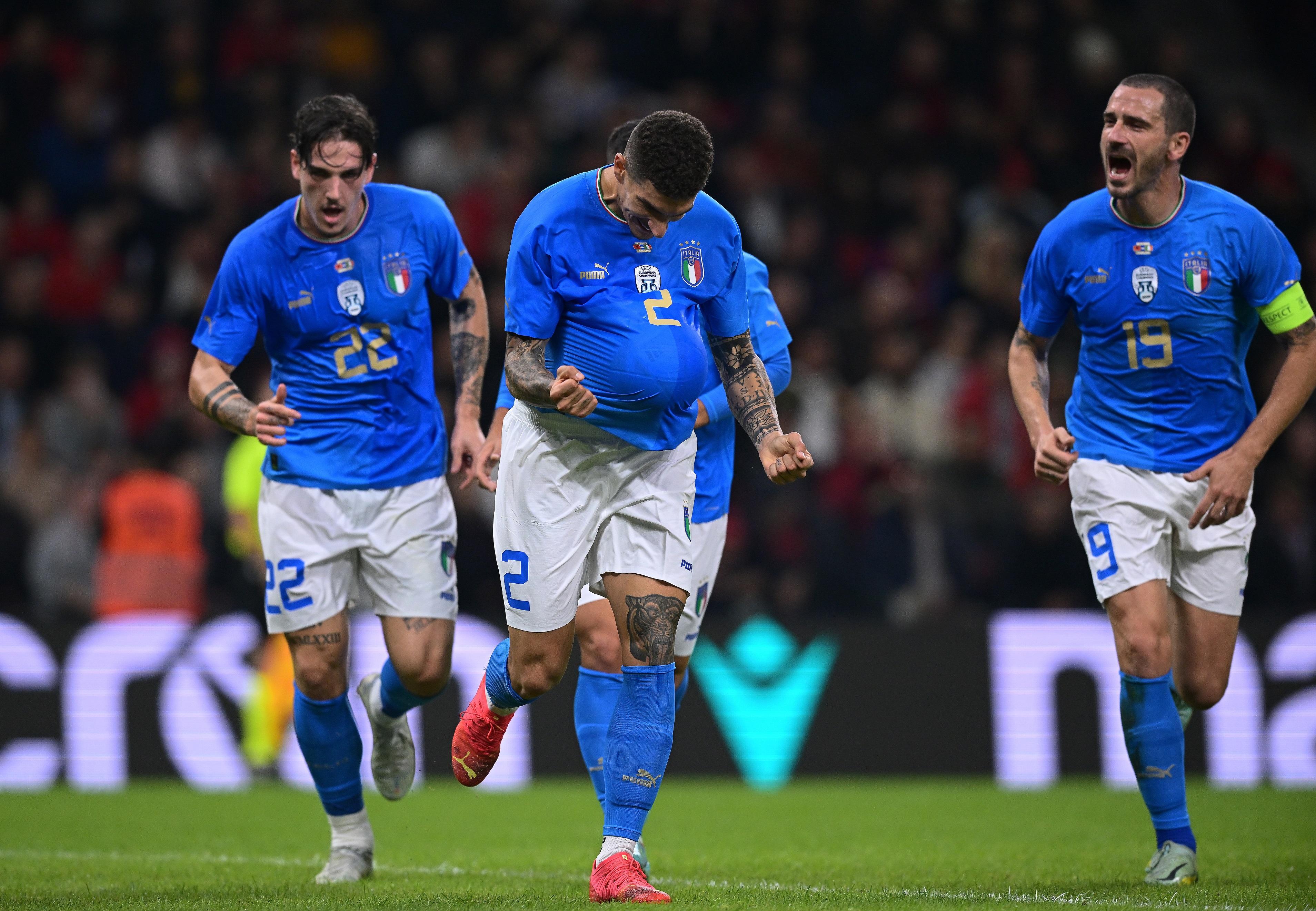 TIRANA, ALBANIA - NOVEMBER 16: Giovanni Di Lorenzo of Italy celebrates after scoring the goal during the International friendly match between Albania and Italy at on November 16, 2022 in Tirana, Albania. (Photo by Mattia Ozbot/Getty Images)