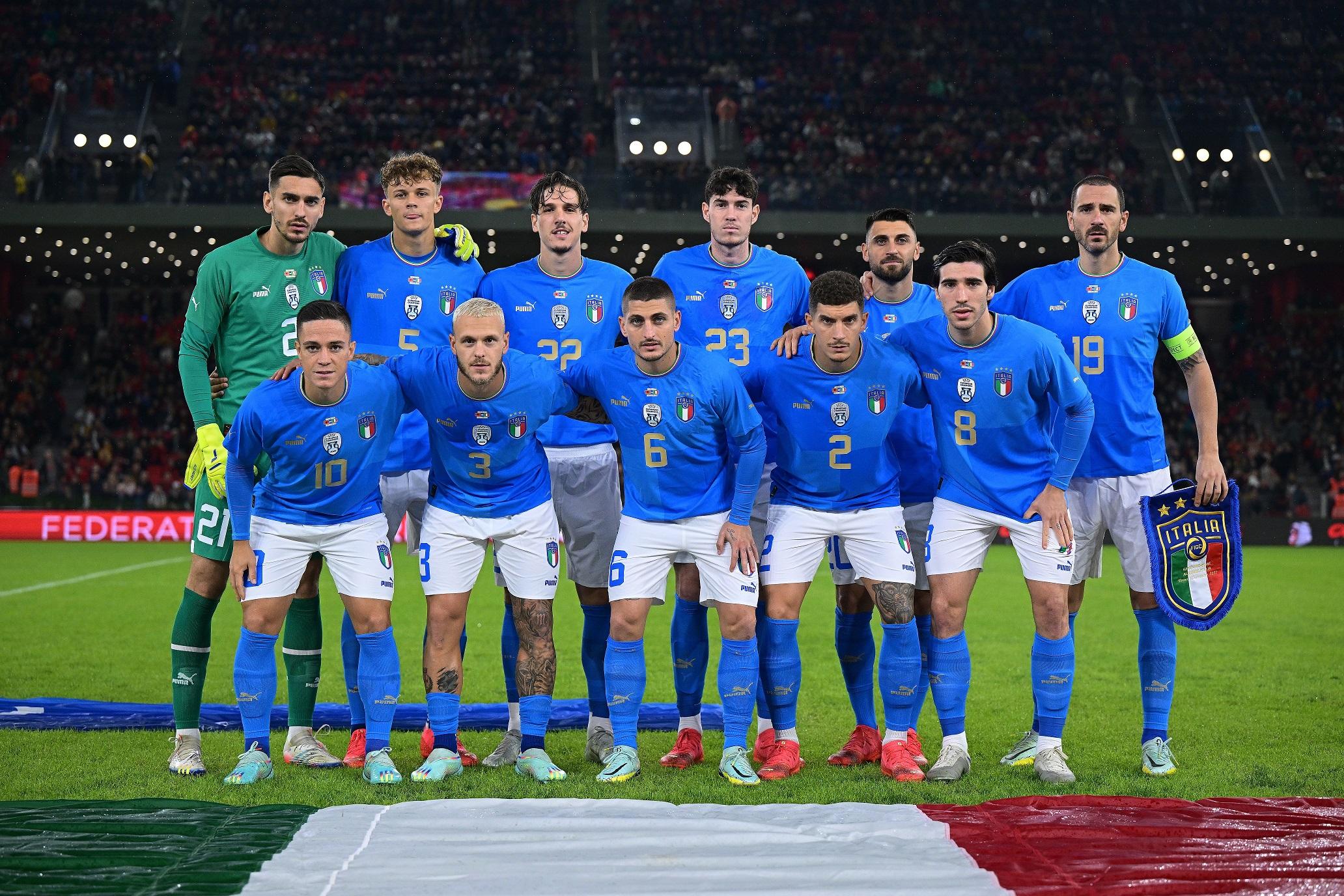 TIRANA, ALBANIA - NOVEMBER 16: Players of Italy line up prior to the International friendly match between Albania and Italy at on November 16, 2022 in Tirana, Albania. (Photo by Mattia Ozbot/Getty Images)