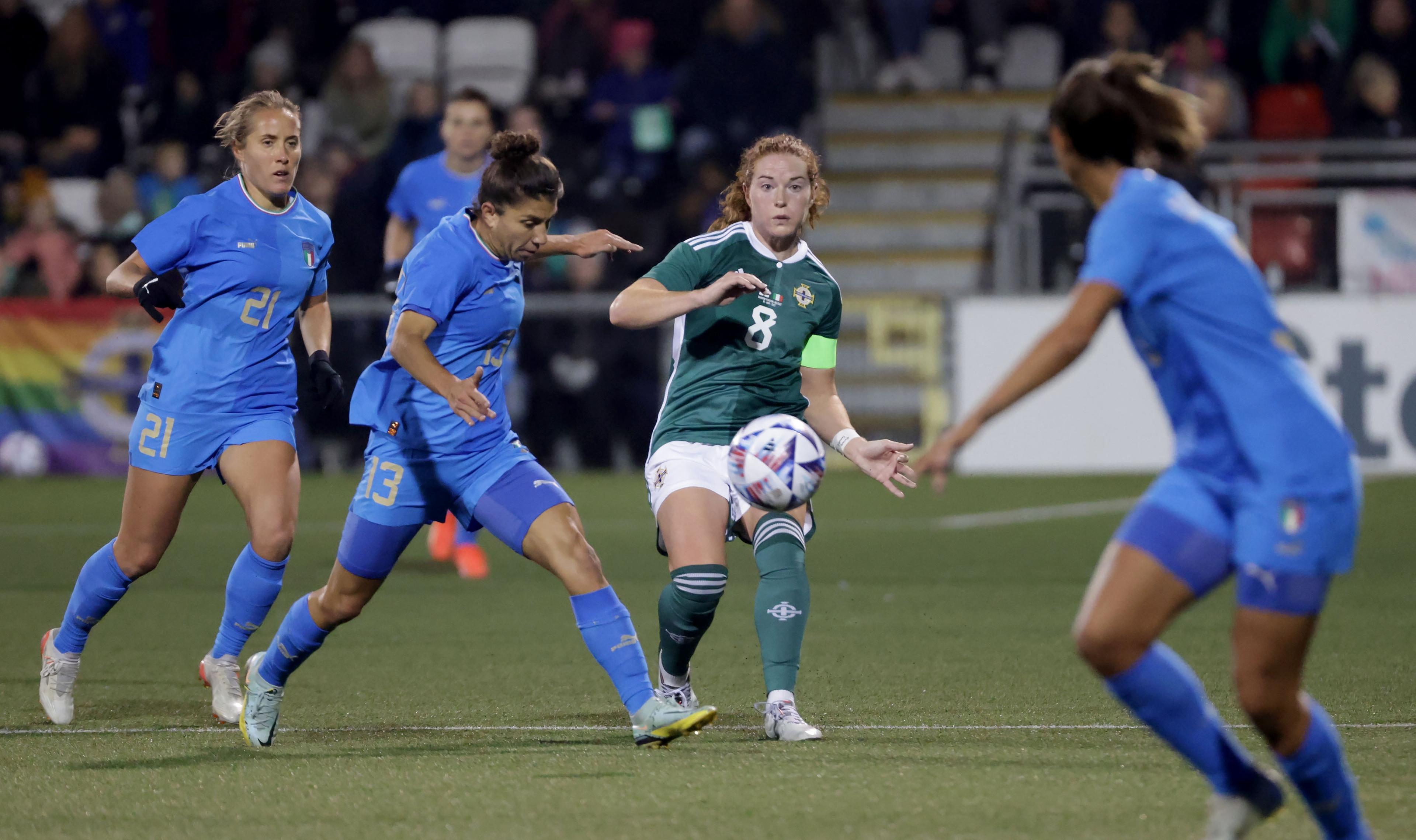 Press Eye - Belfast, Northern Ireland - 15th November 2022 - Photo by William Cherry/Presseye Northern Ireland’s Marissa Callaghan with Italy’s Elisa Bartoli during Tuesday nights Women’s International Friendly at Seaview, Belfast. Photo by William Cherry/Presseye