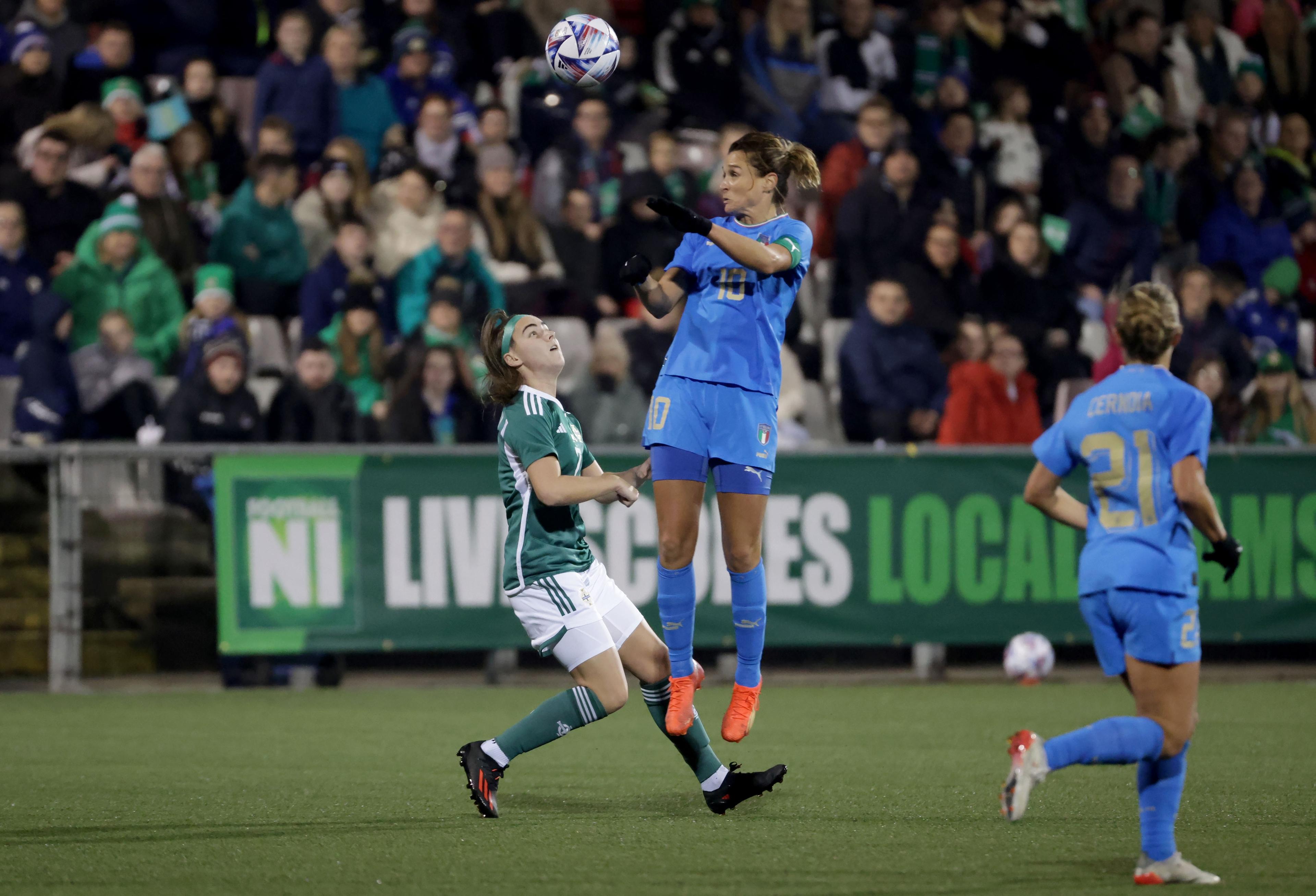 Press Eye - Belfast, Northern Ireland - 15th November 2022 - Photo by William Cherry/Presseye Northern Ireland’s Chloe McCarron with Italy’s Cristiana Girelli during Tuesday nights Women’s International Friendly at Seaview, Belfast. Photo by William Cherry/Presseye
