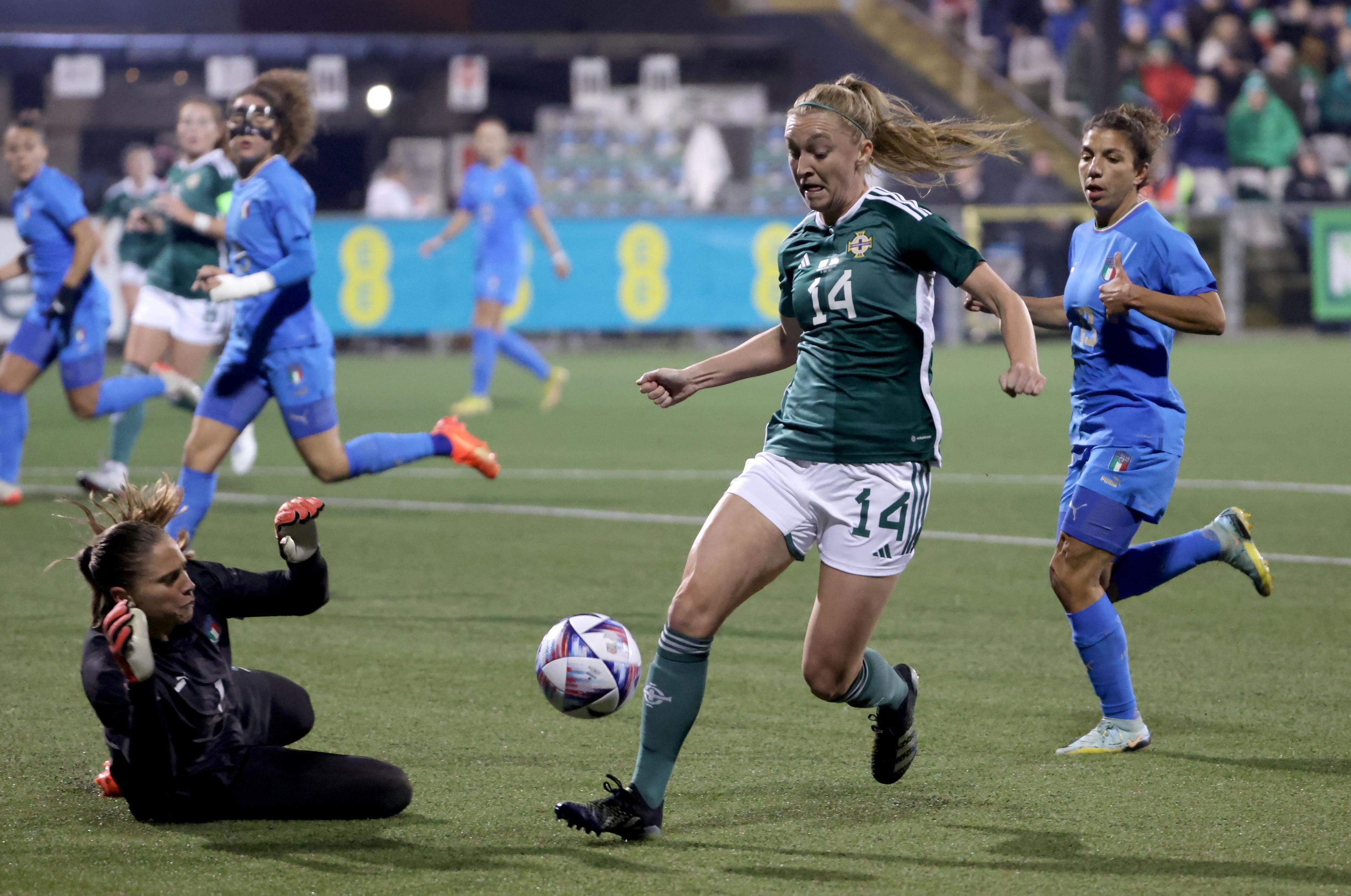 Press Eye - Belfast, Northern Ireland - 15th November 2022 - Photo by William Cherry/Presseye Northern Ireland’s Lauren Wade with Italy’s Laura Giuliani during Tuesday nights Women’s International Friendly at Seaview, Belfast. Photo by William Cherry/Presseye